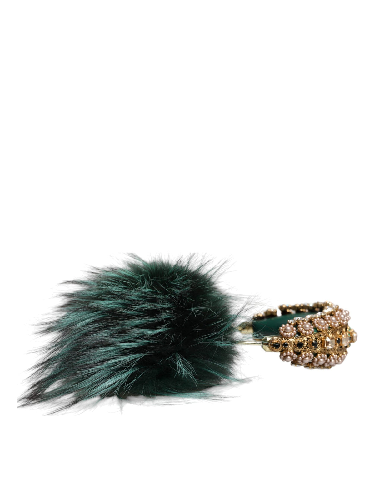 Dolce & Gabbana Green Gold Crystal Fur Headset Audio AUX Women's Headphones