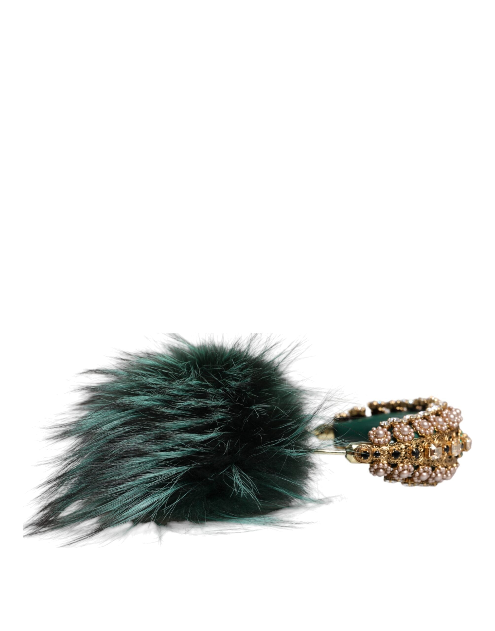 Dolce & Gabbana Green Gold Crystal Fur Headset Audio AUX Women's Headphones