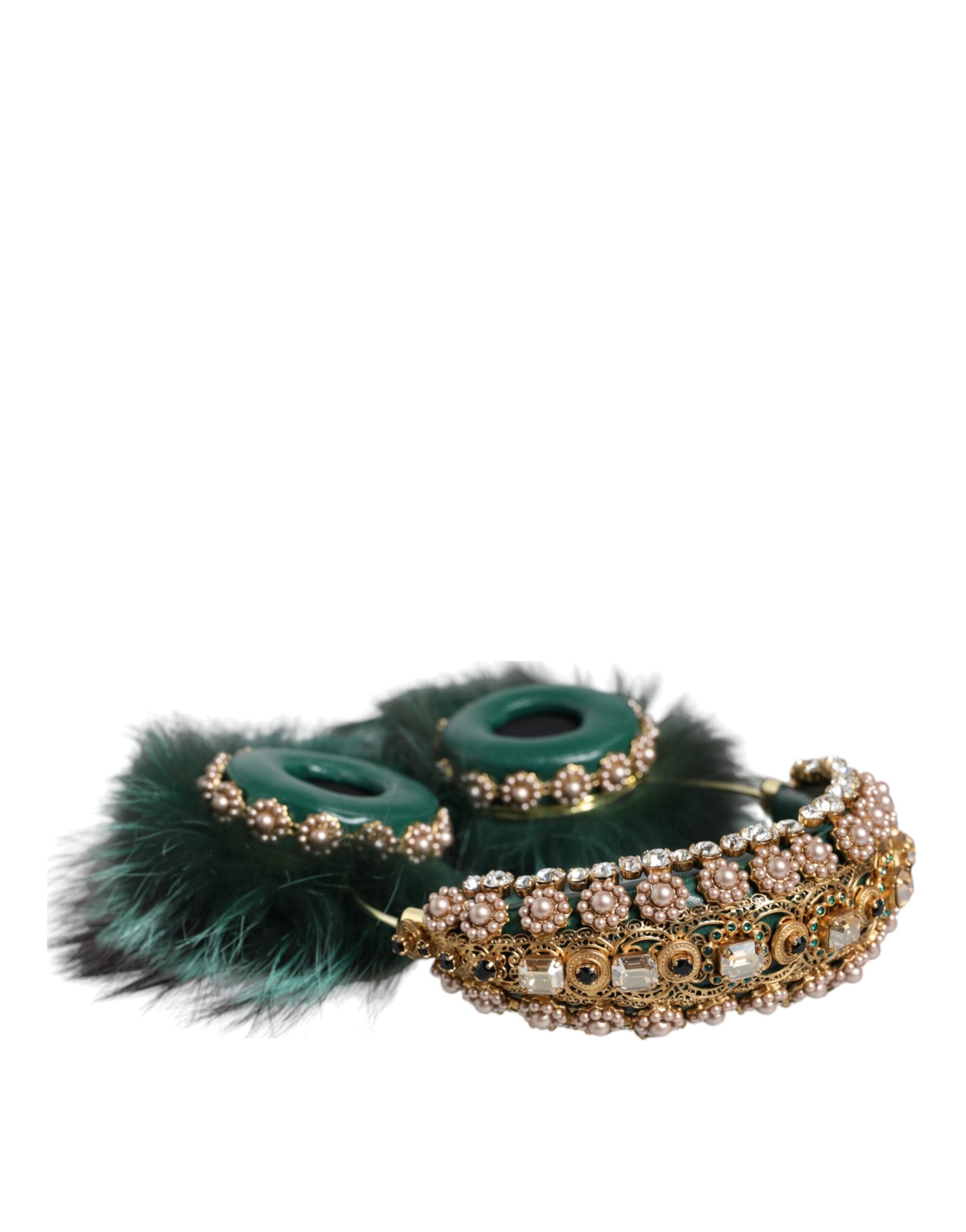 Dolce & Gabbana Green Gold Crystal Fur Headset Audio AUX Women's Headphones