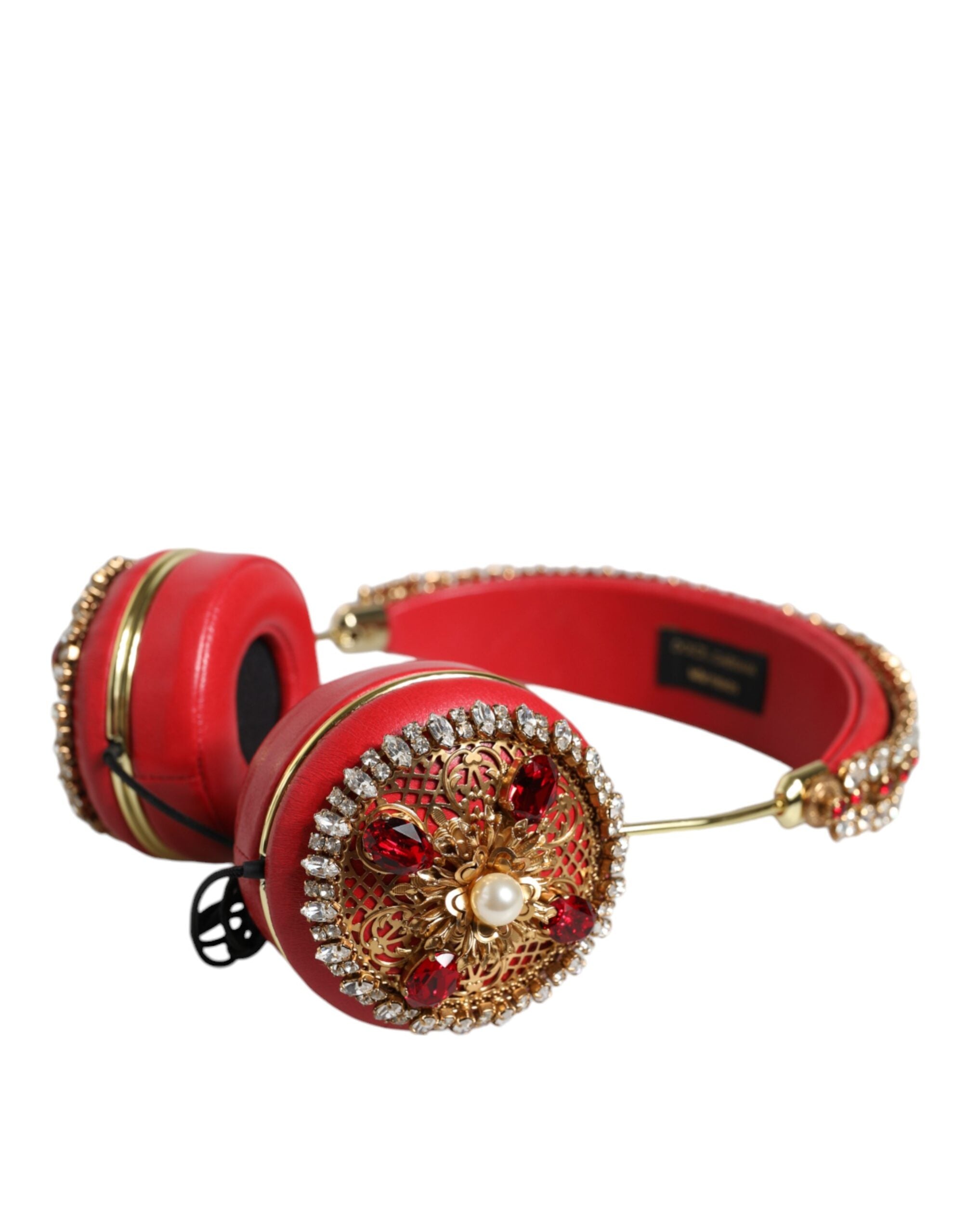 Dolce & Gabbana Red Nappa Leather Floral Crystal Women's Headphone