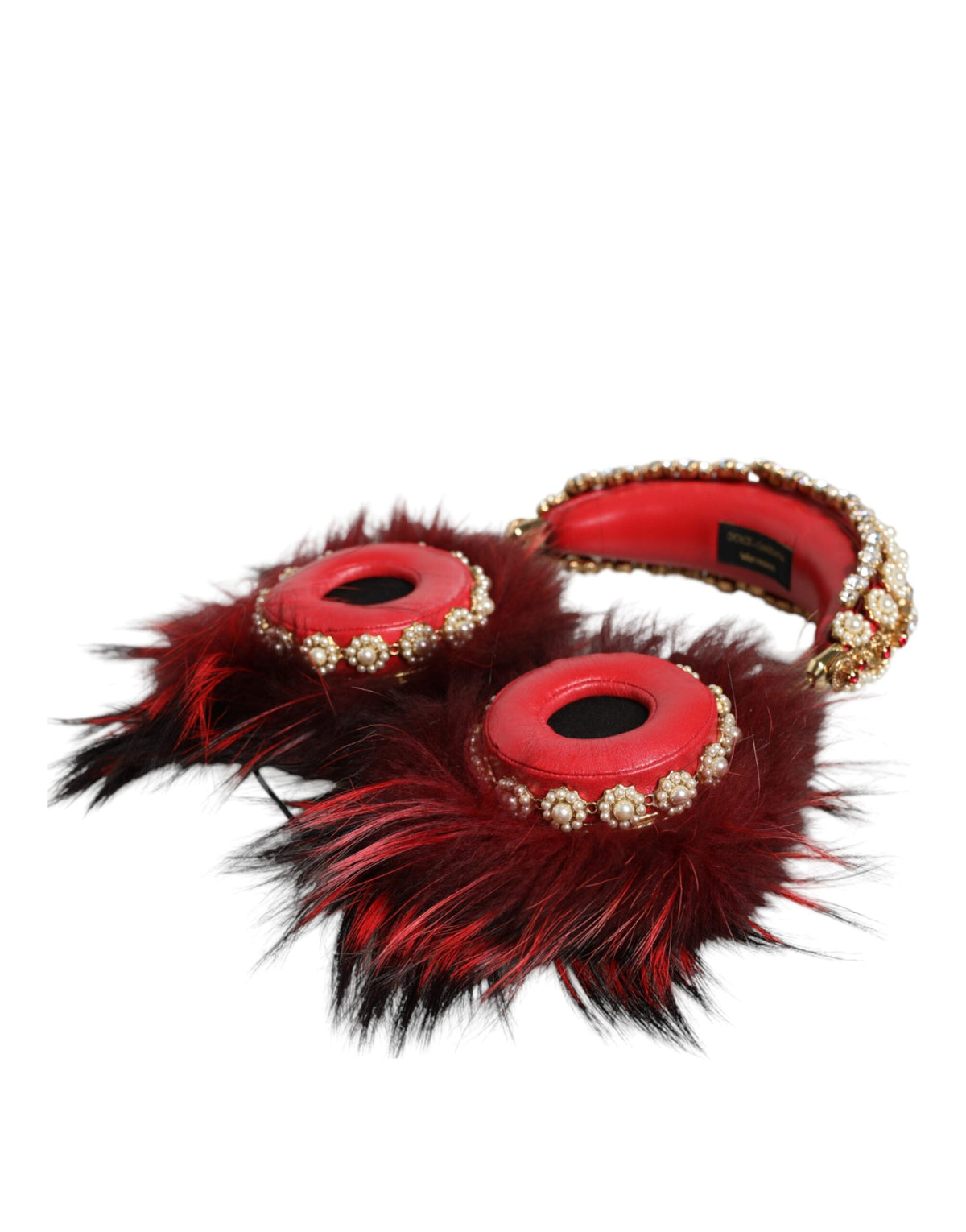 Dolce & Gabbana Red Gold Crystal Fur Headset Audio AUX Women's Headphones