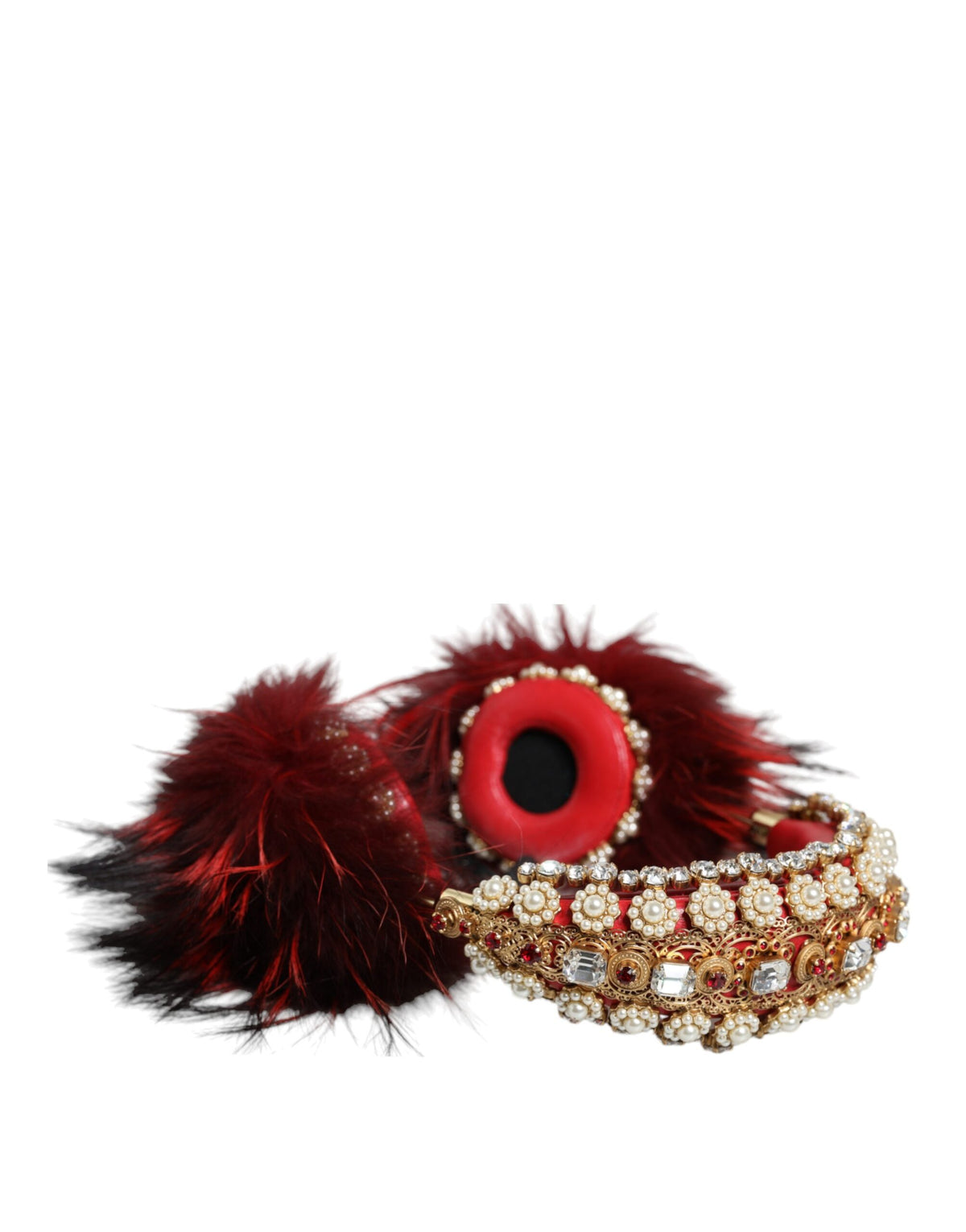 Dolce & Gabbana Red Gold Crystal Fur Headset Audio AUX Women's Headphones
