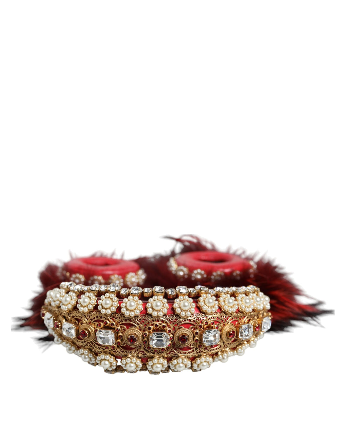 Dolce & Gabbana Red Gold Crystal Fur Headset Audio AUX Women's Headphones