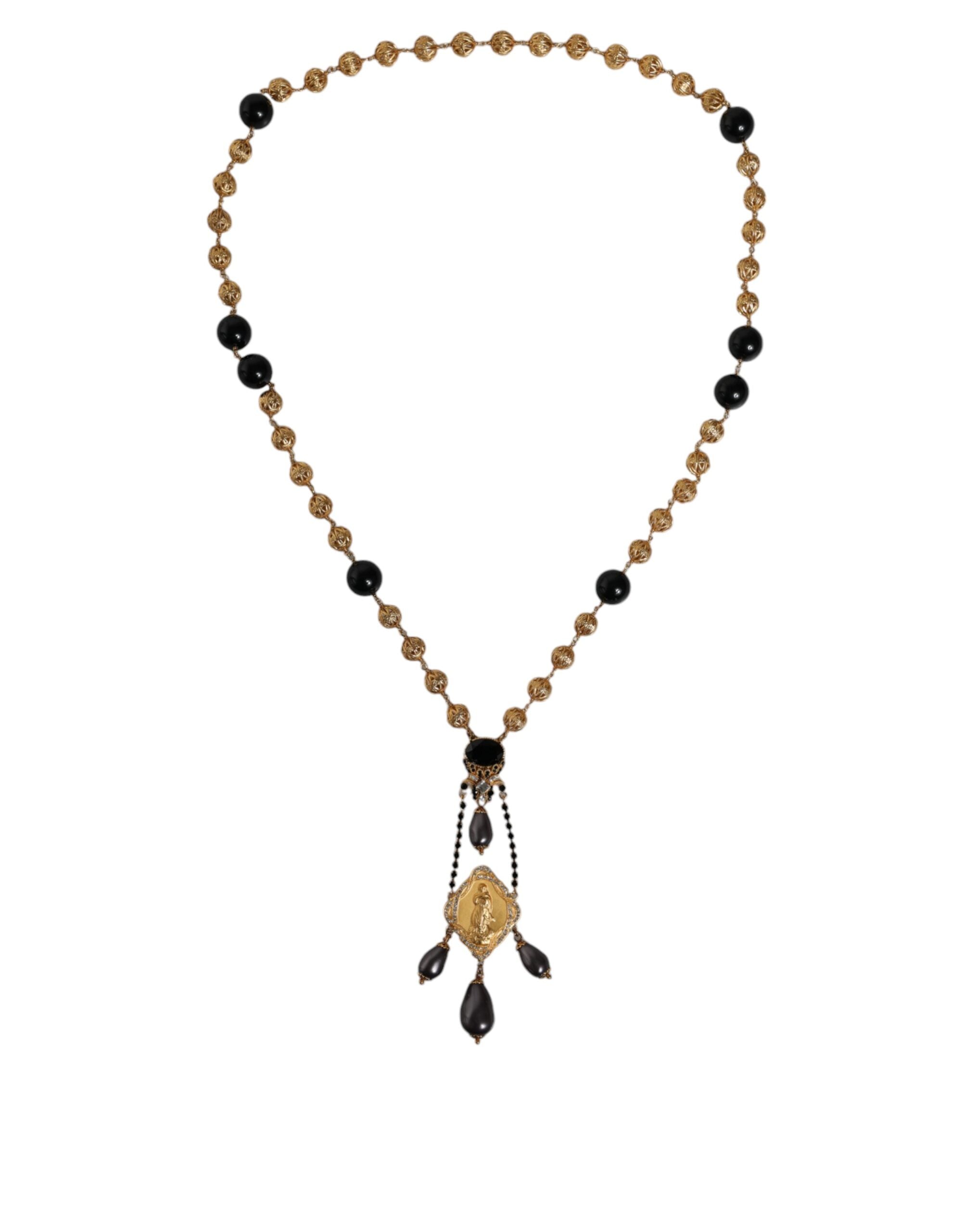 Dolce & Gabbana Gold Chain Brass Black Beaded Rosary Style Women's Necklace
