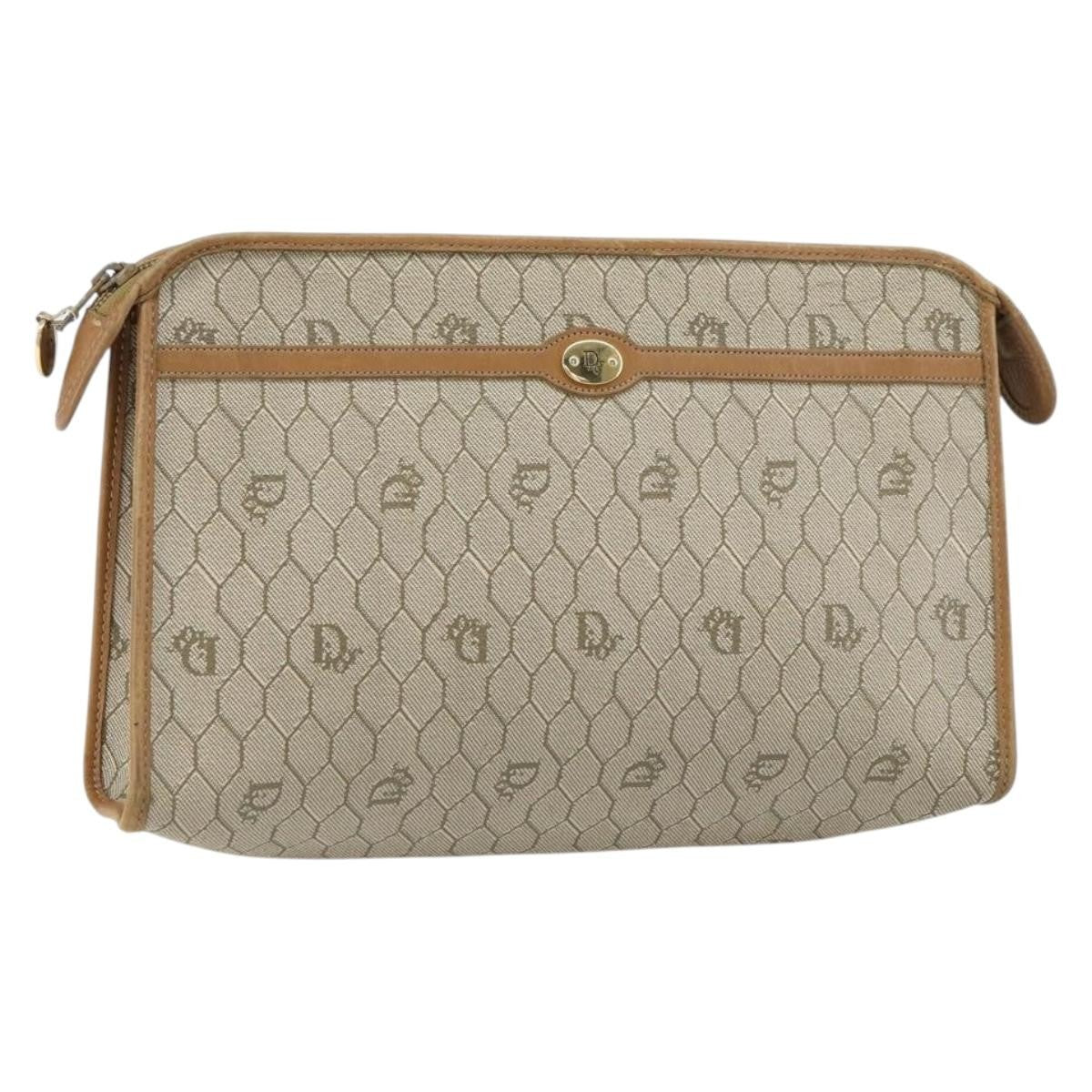 Christian Dior Vintage Honeycomb Zip Canvas And Leather Beige Canvas Clutche & Pouche Bag (Pre-Owned)