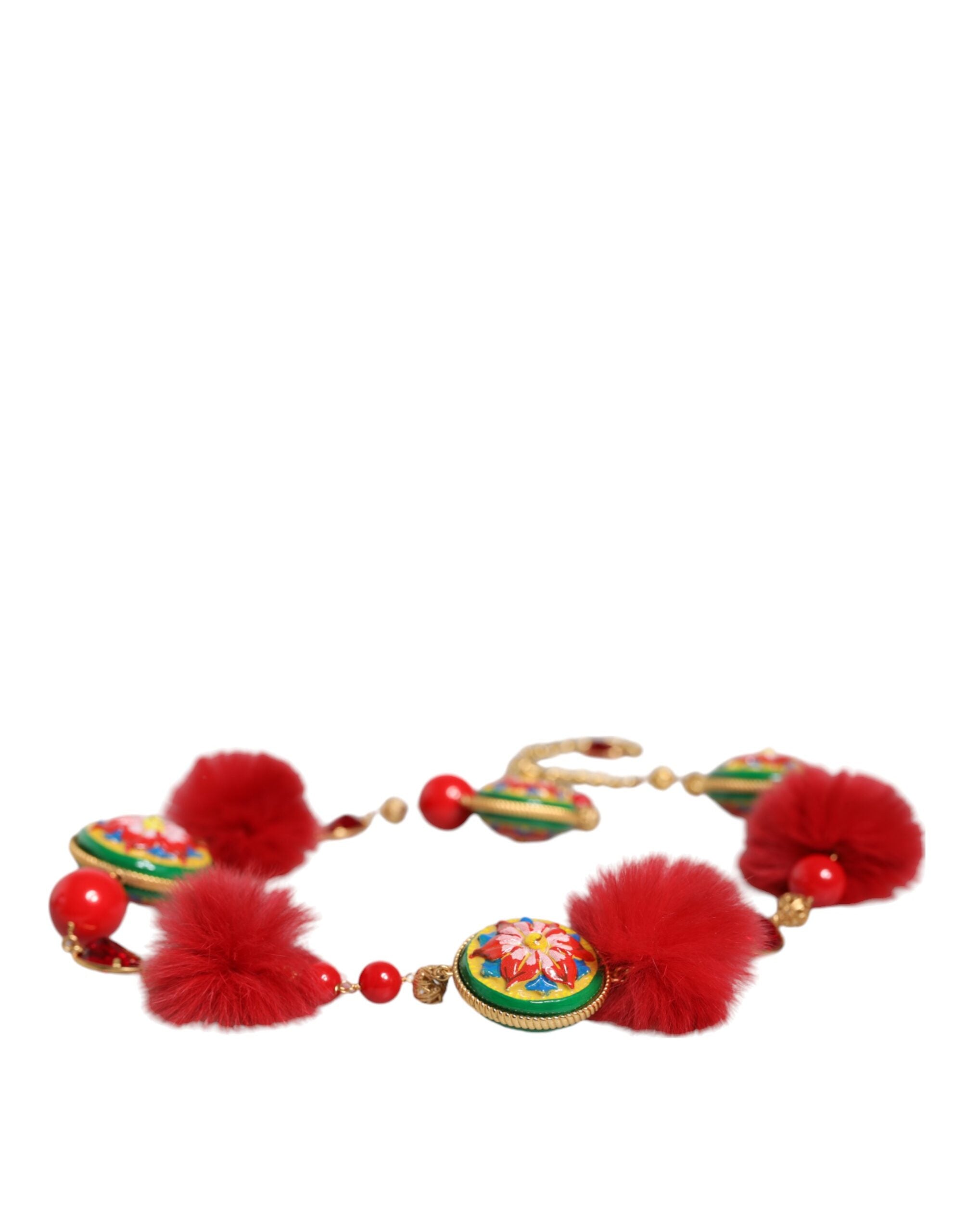 Dolce & Gabbana Gold Brass Red Fur Crystal Waist Torero Women's Belt