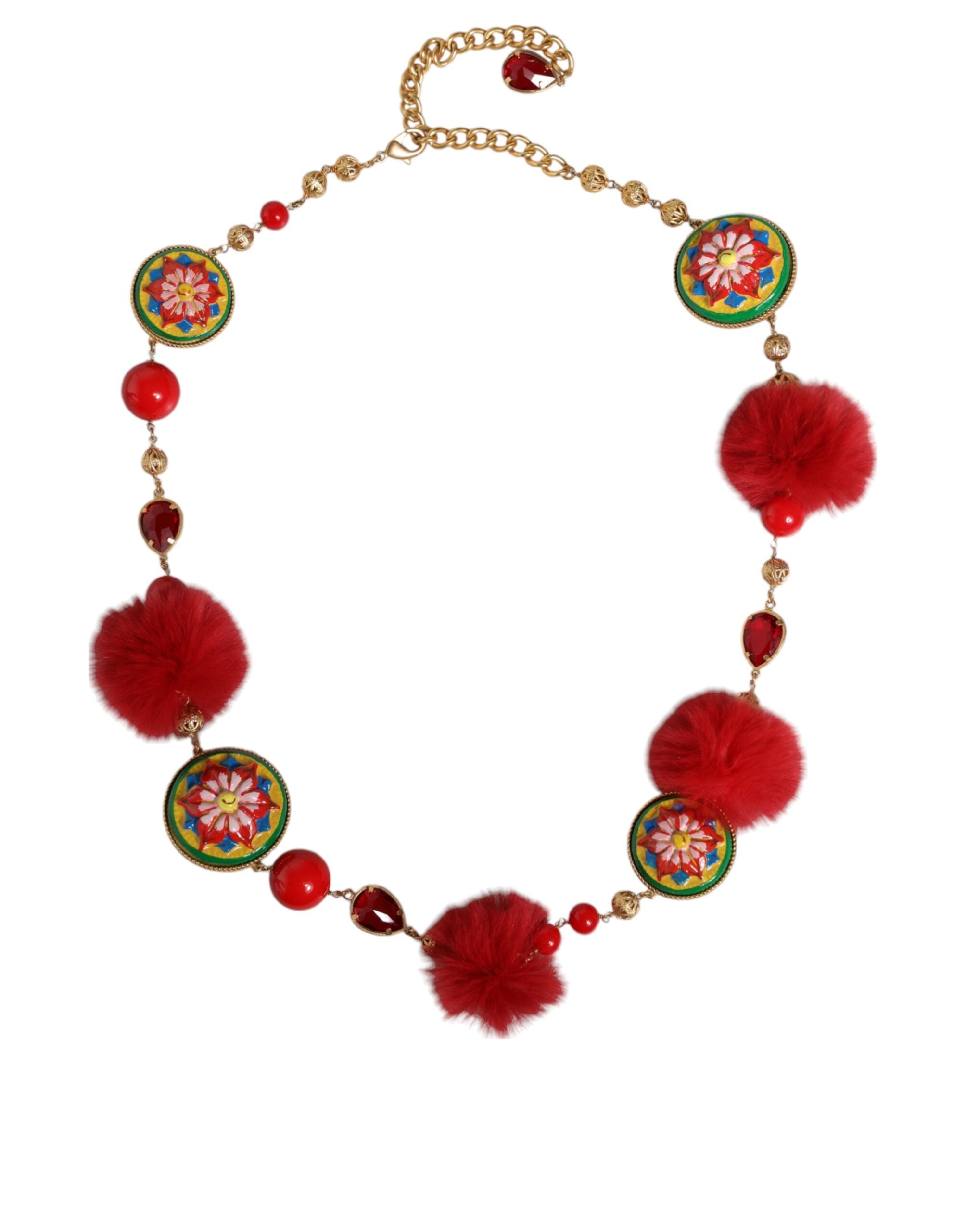 Dolce & Gabbana Gold Brass Red Fur Crystal Waist Torero Women's Belt