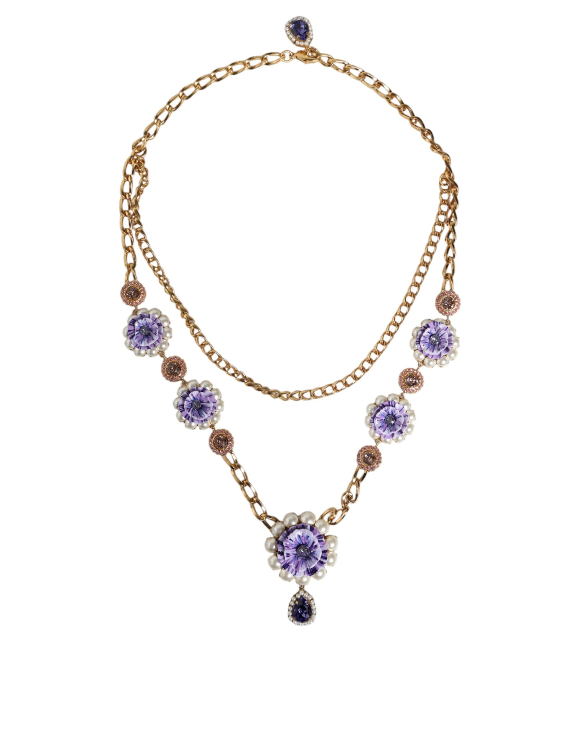 Dolce & Gabbana Gold Tone Floral Crystals Embellished Layered Women's Necklace (Pre-Owned)