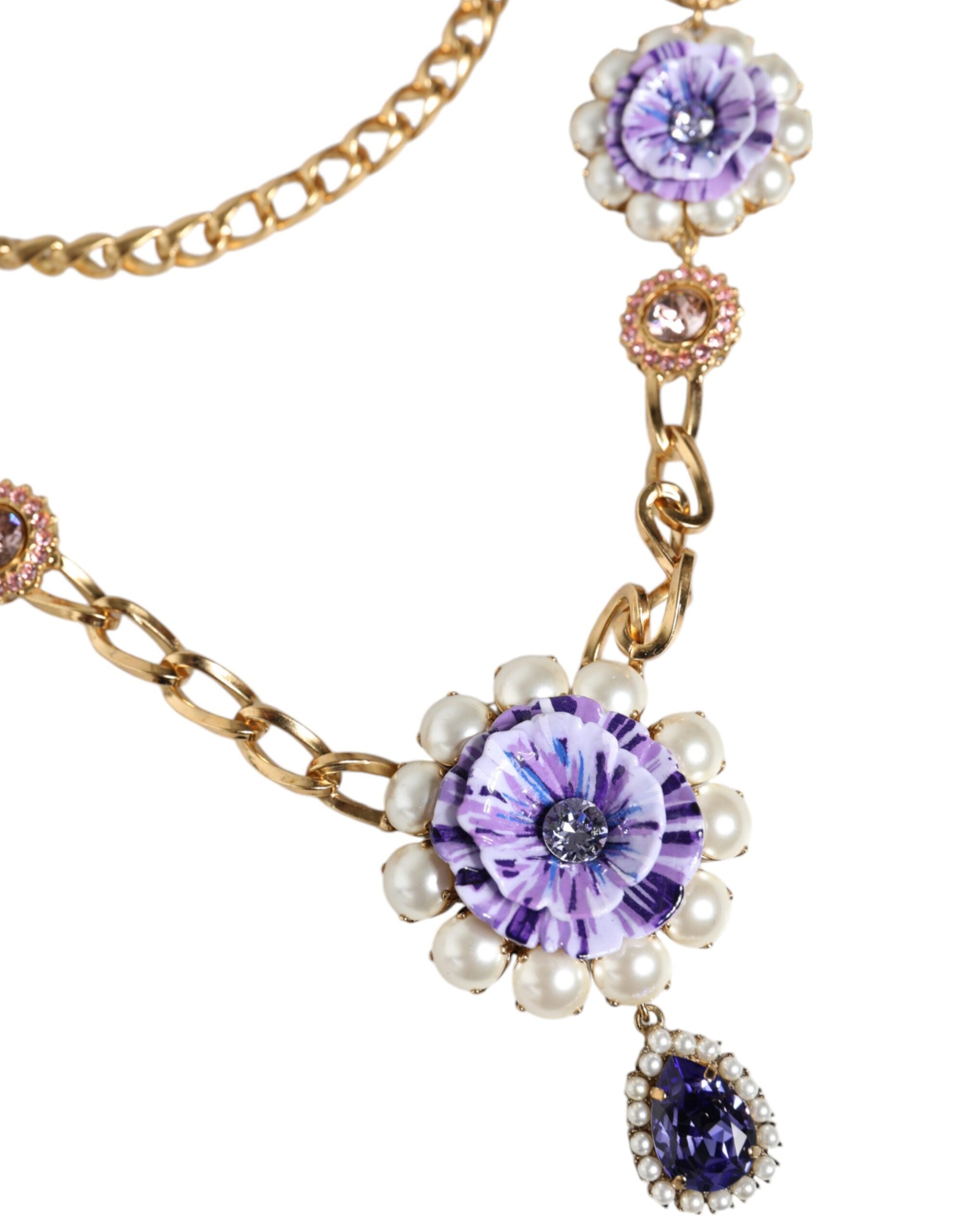 Dolce & Gabbana Gold Tone Floral Crystals Embellished Layered Women's Necklace (Pre-Owned)