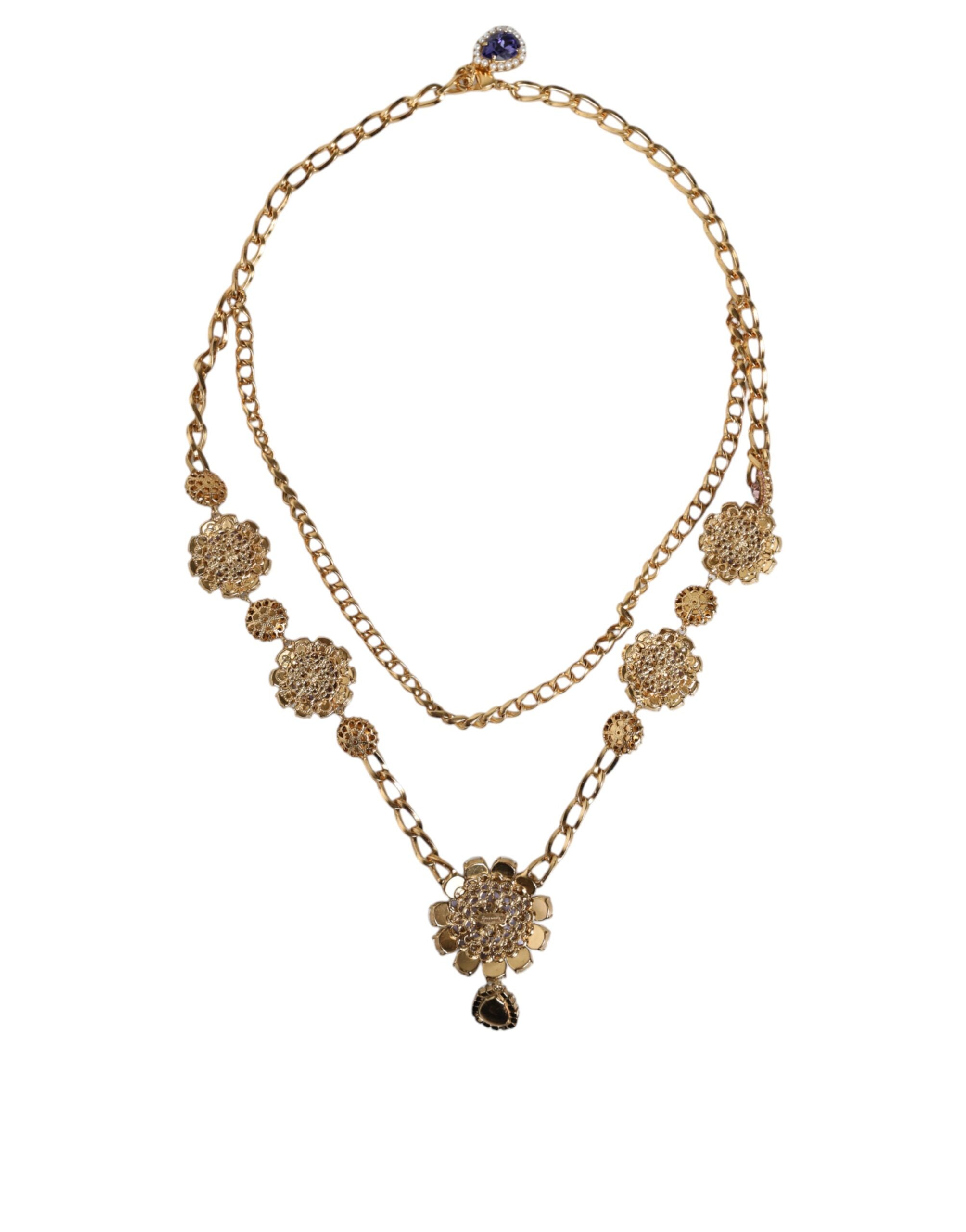Dolce & Gabbana Gold Tone Floral Crystals Embellished Layered Women's Necklace (Pre-Owned)