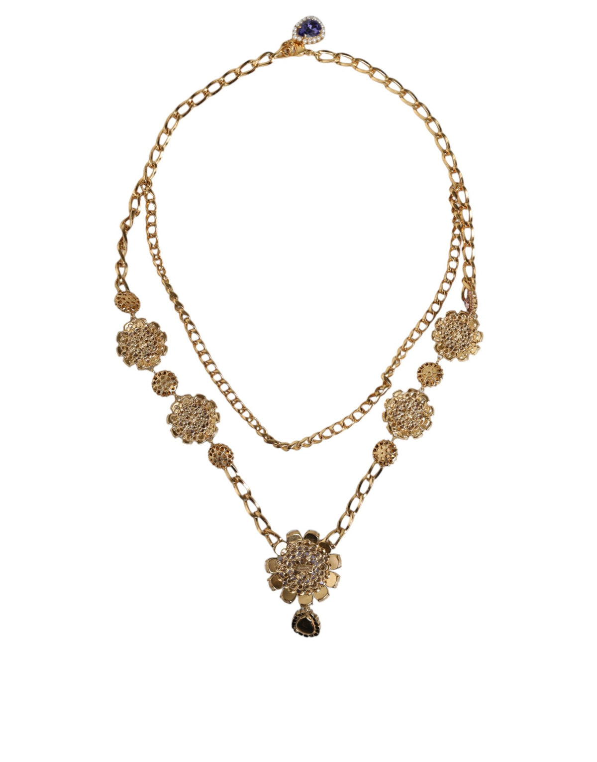 Dolce & Gabbana Gold Tone Floral Crystals Embellished Layered Women's Necklace (Pre-Owned)