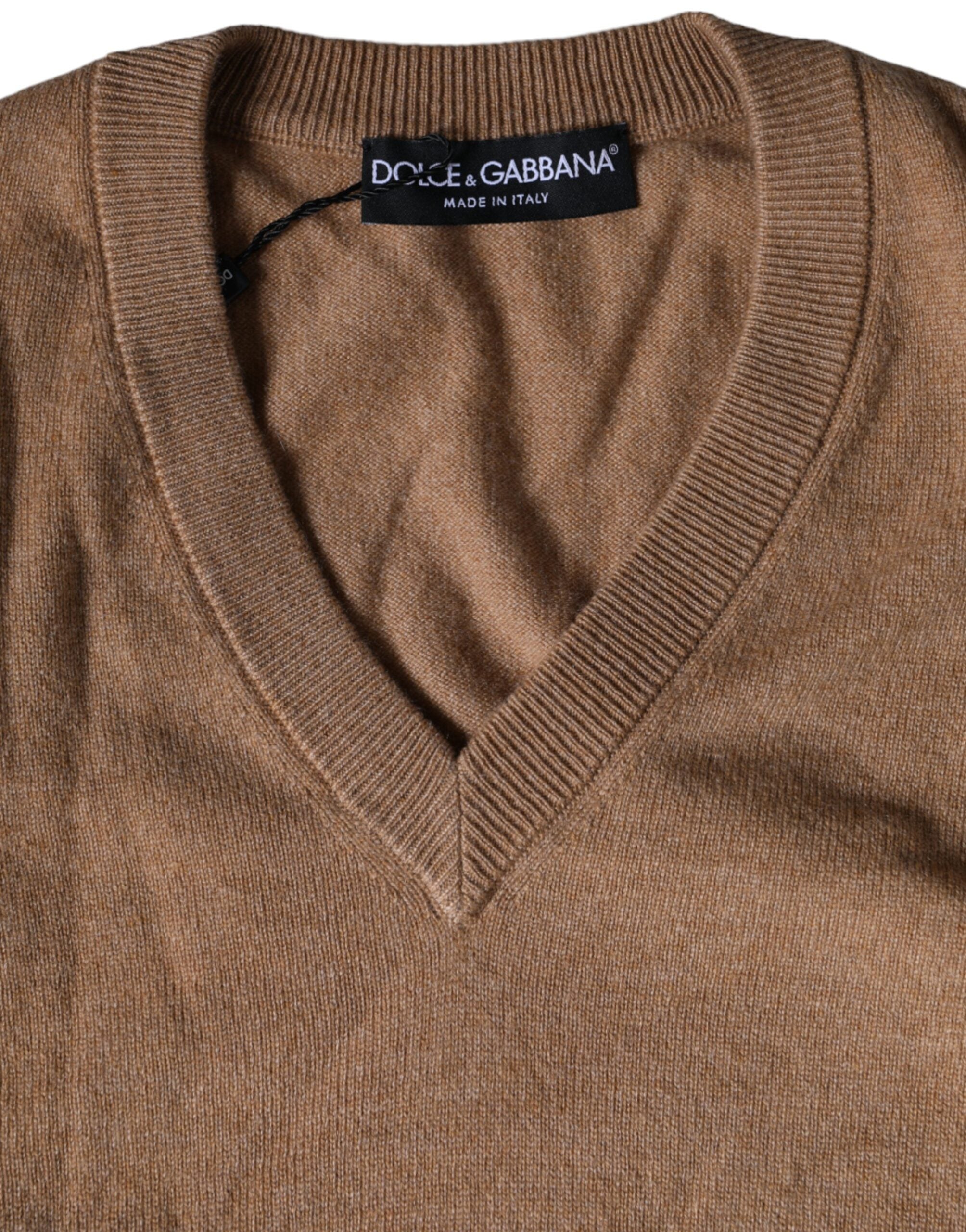 Dolce & Gabbana Brown Cashmere Knit V-neck Pullover Men's Sweater