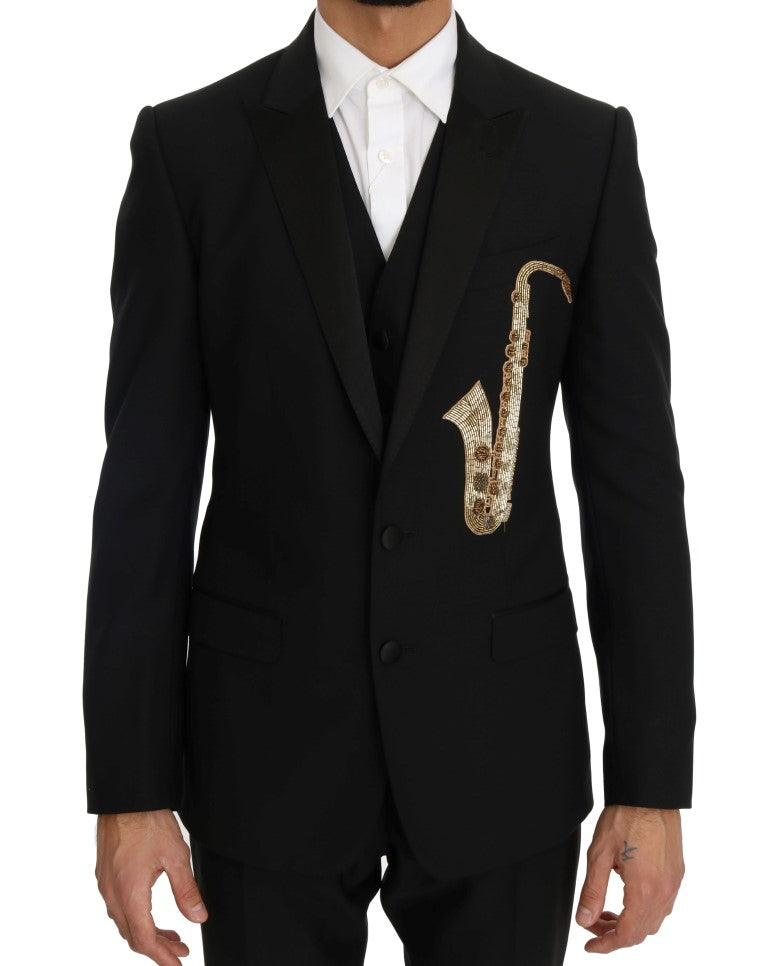 Dolce & Gabbana Elegant Black Three-Piece Suit with Saxophone Men's Embroidery