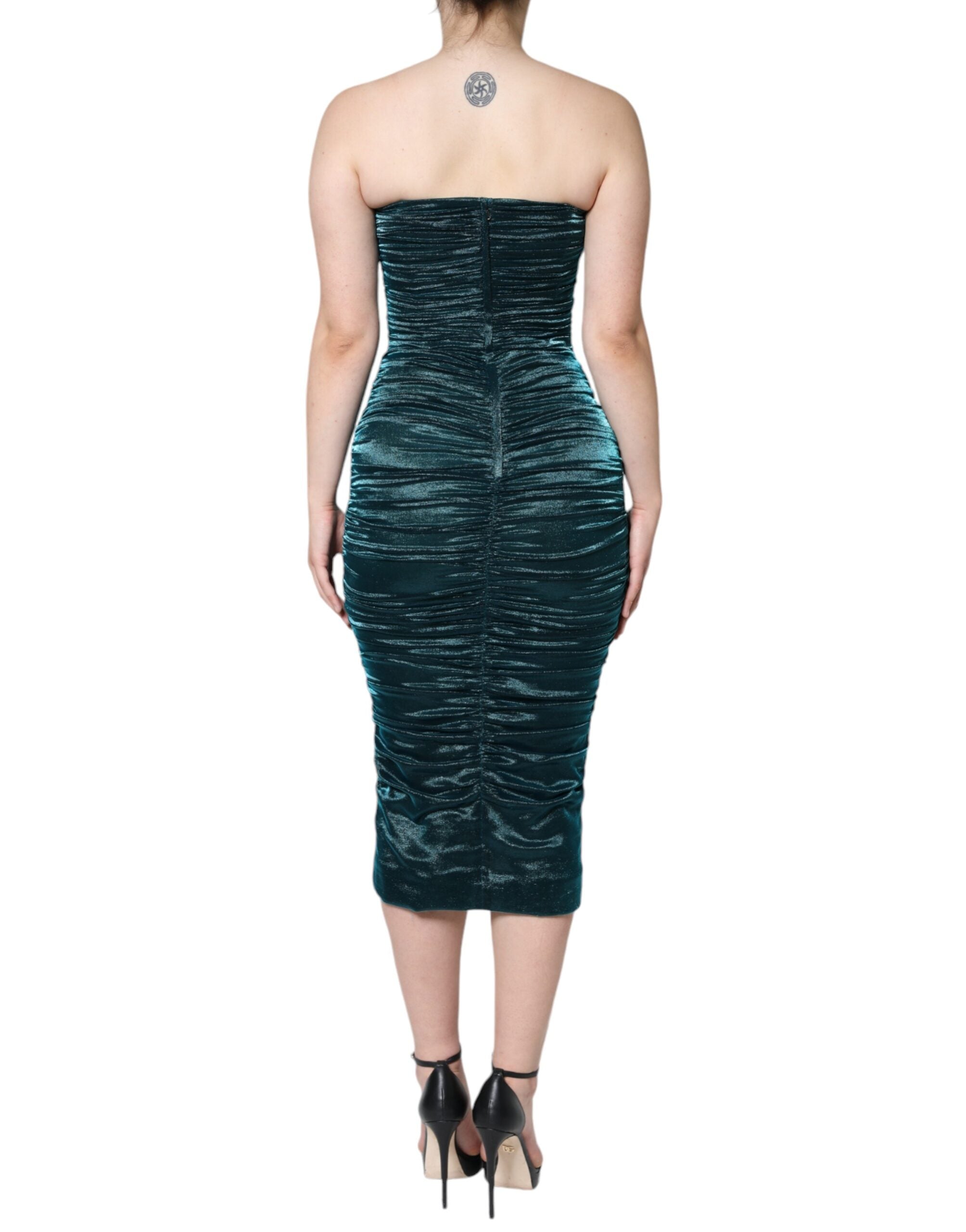 Dolce & Gabbana Green Silk Blend Satin Fitted Strapless Women's Dress (Pre-Owned)