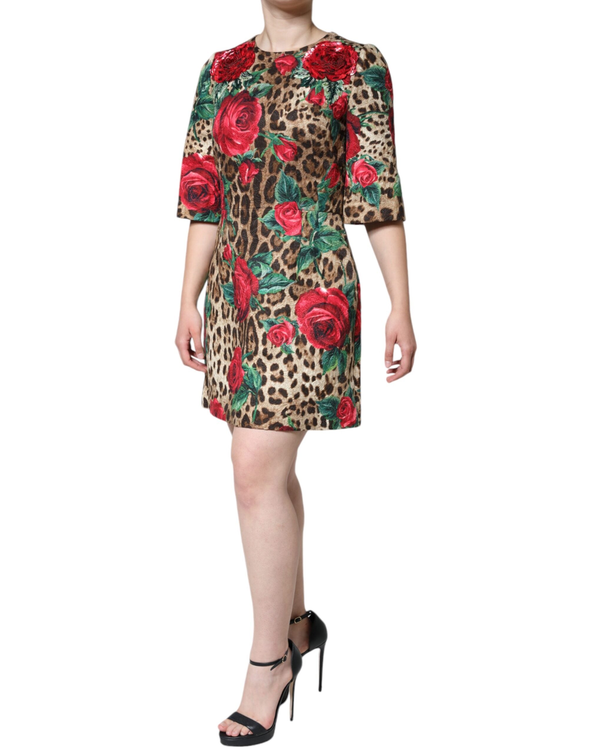 Dolce & Gabbana Brown Leopard Red Roses Cotton A-line Women's Dress