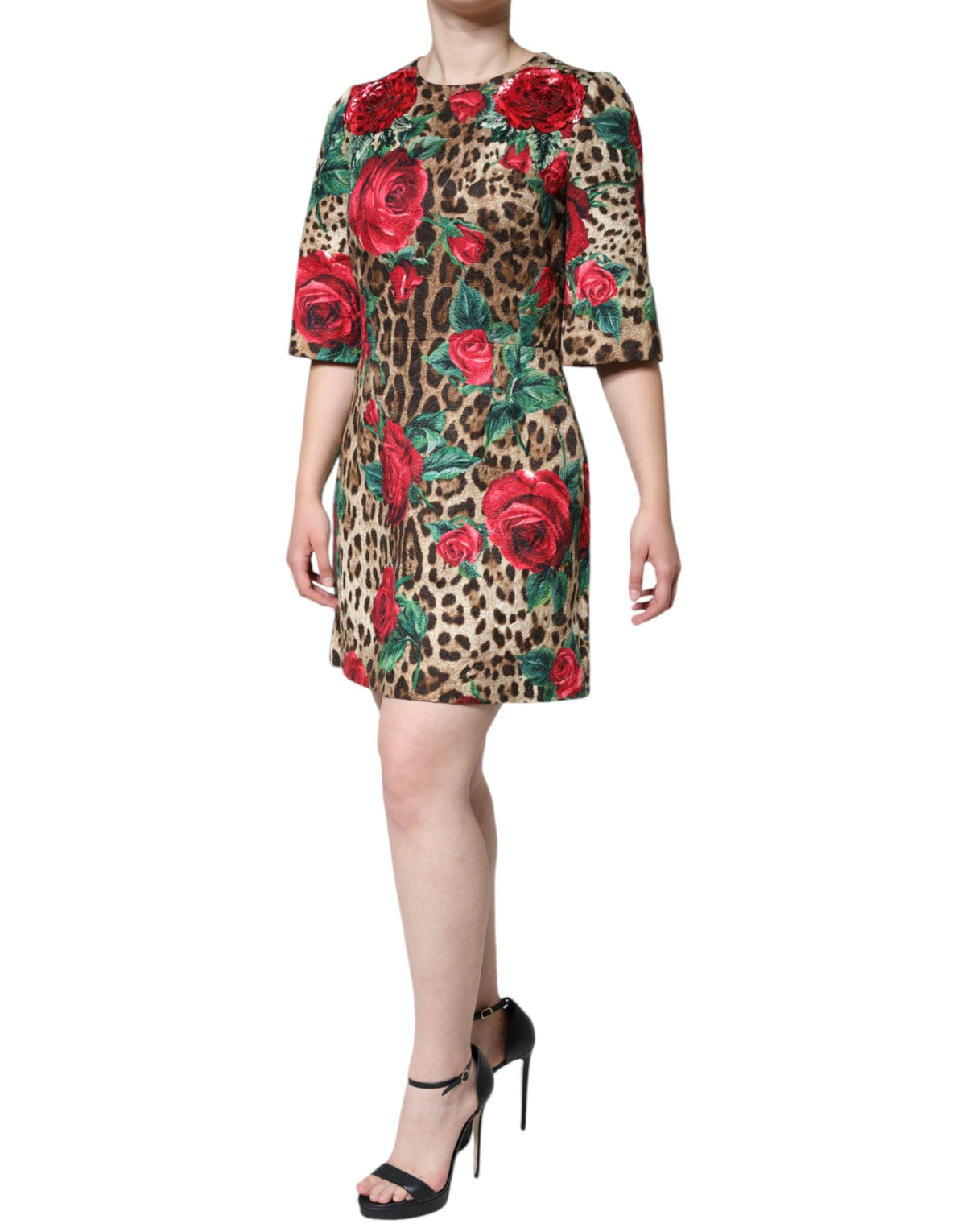 Dolce & Gabbana Brown Leopard Red Roses Cotton A-line Women's Dress