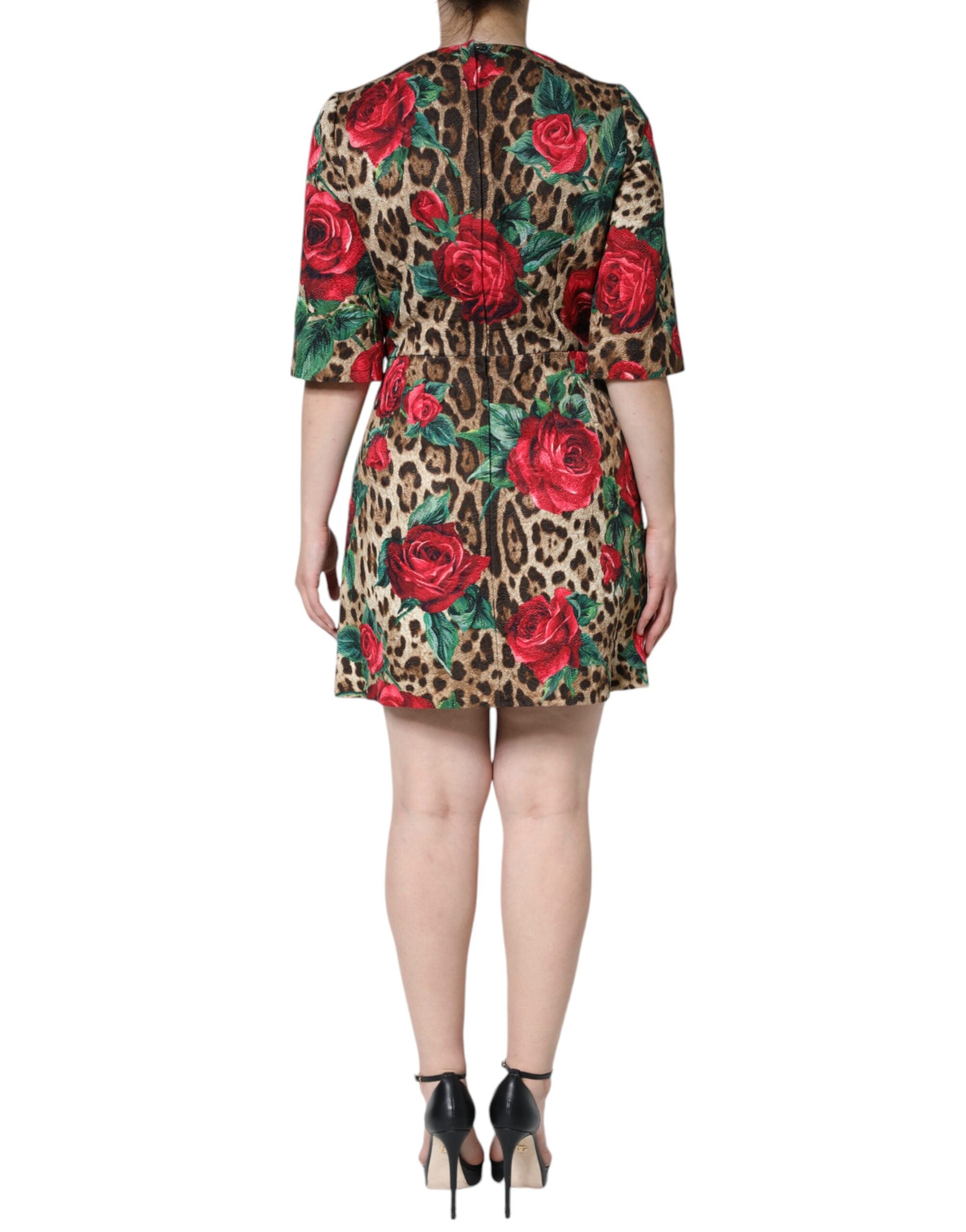 Dolce & Gabbana Brown Leopard Red Roses Cotton A-line Women's Dress