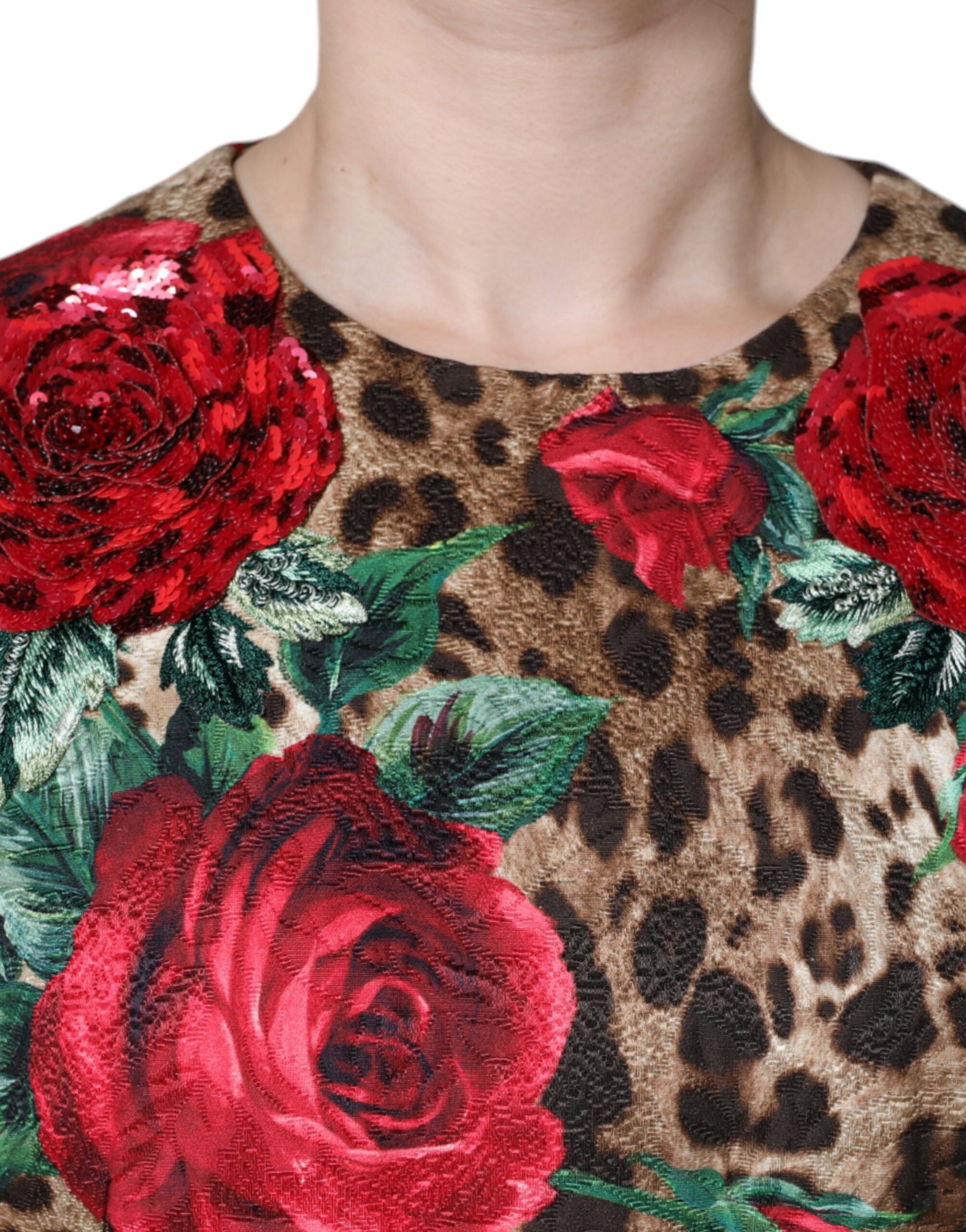 Dolce & Gabbana Brown Leopard Red Roses Cotton A-line Women's Dress