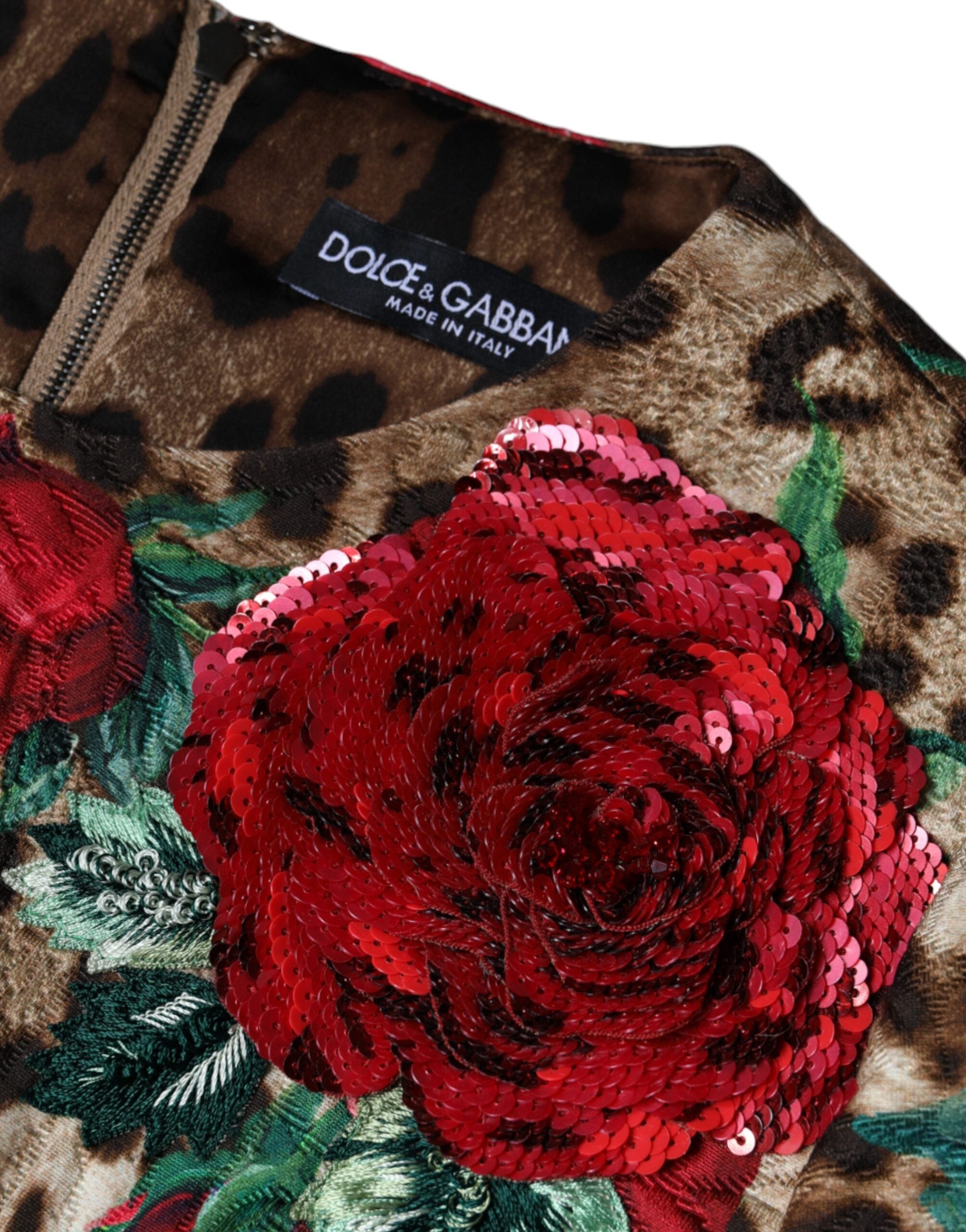 Dolce & Gabbana Brown Leopard Red Roses Cotton A-line Women's Dress