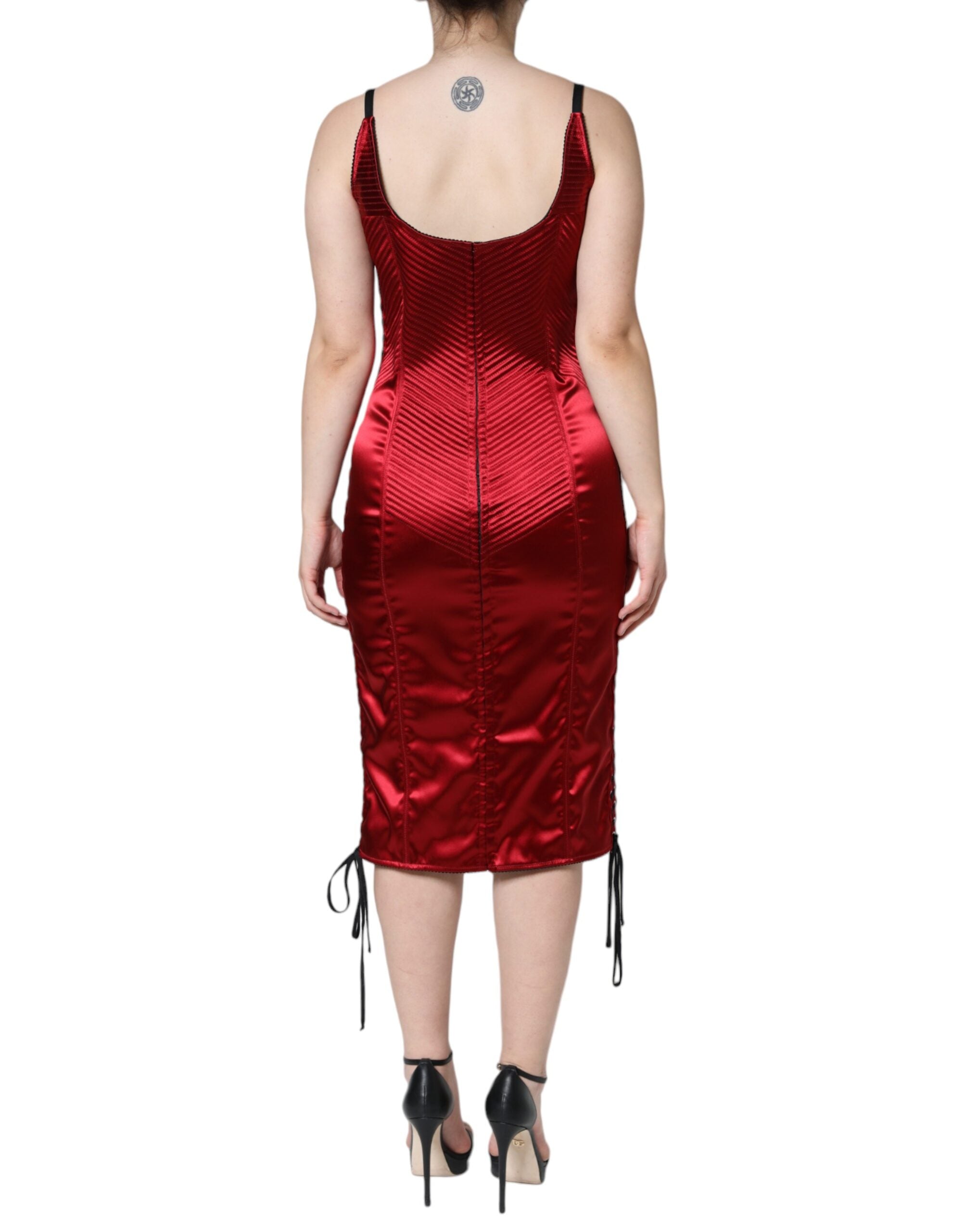Dolce & Gabbana Red Bustier Corset Lace Bodycon Midi Women's Dress