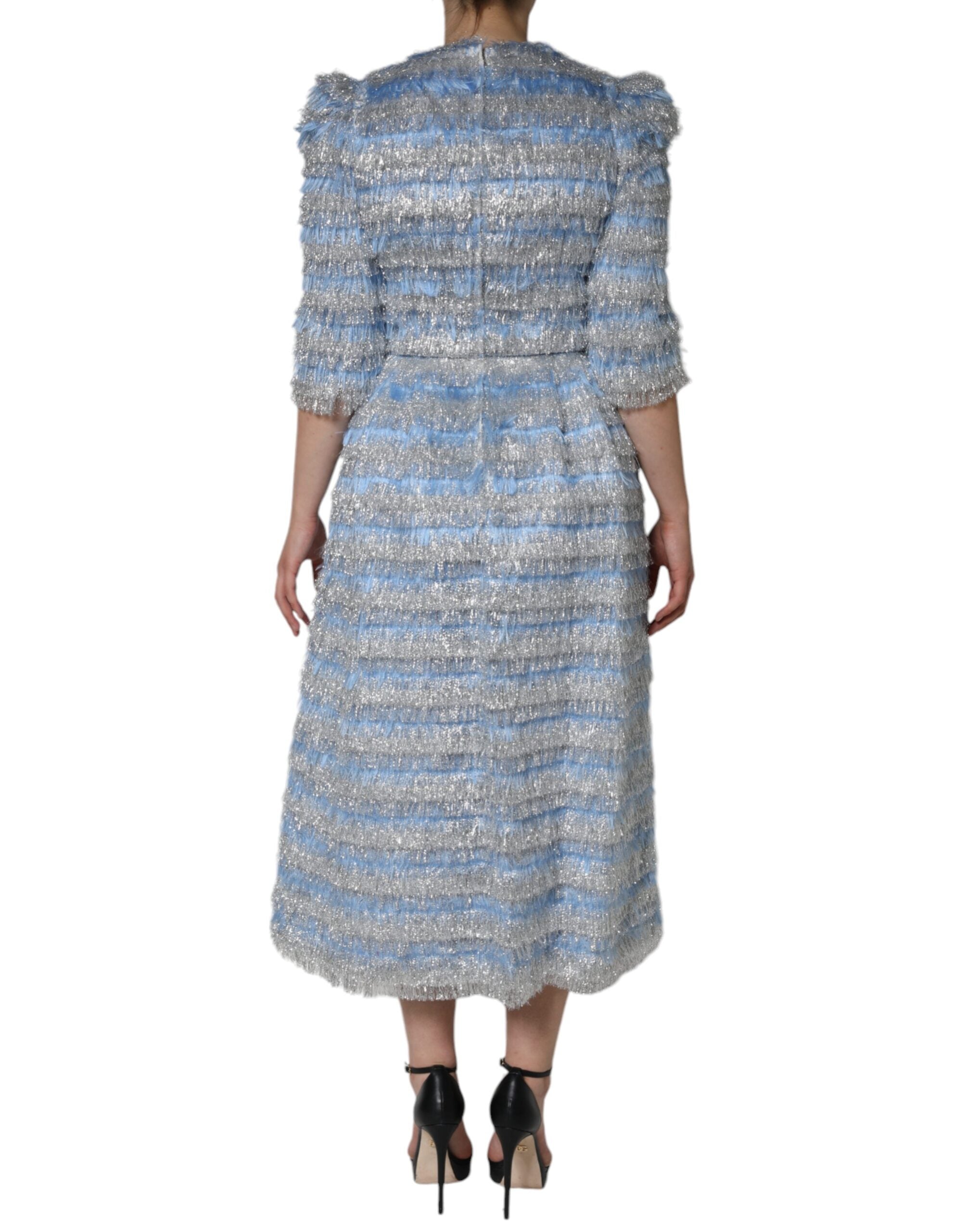 Dolce & Gabbana Light Blue Silver Jacquard A-line Midi Women's Dress