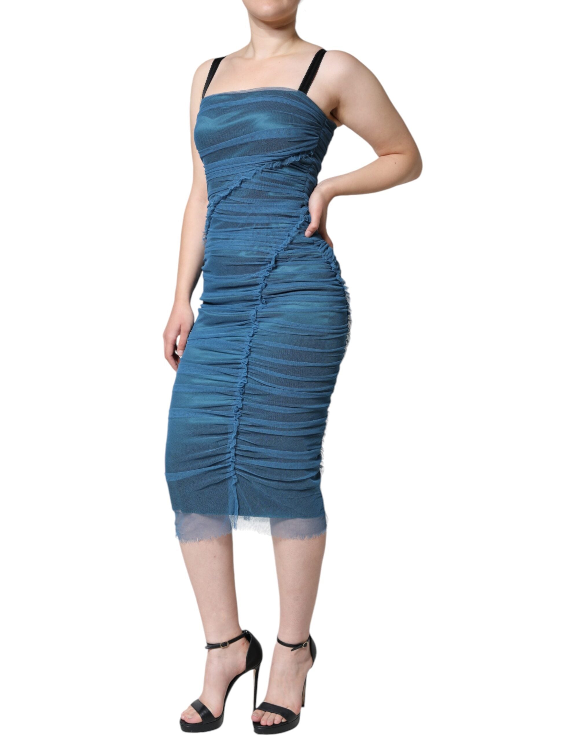 Dolce & Gabbana Blue Mesh Trim Ruched Tulle Sheath Women's Dress (Pre-Owned)