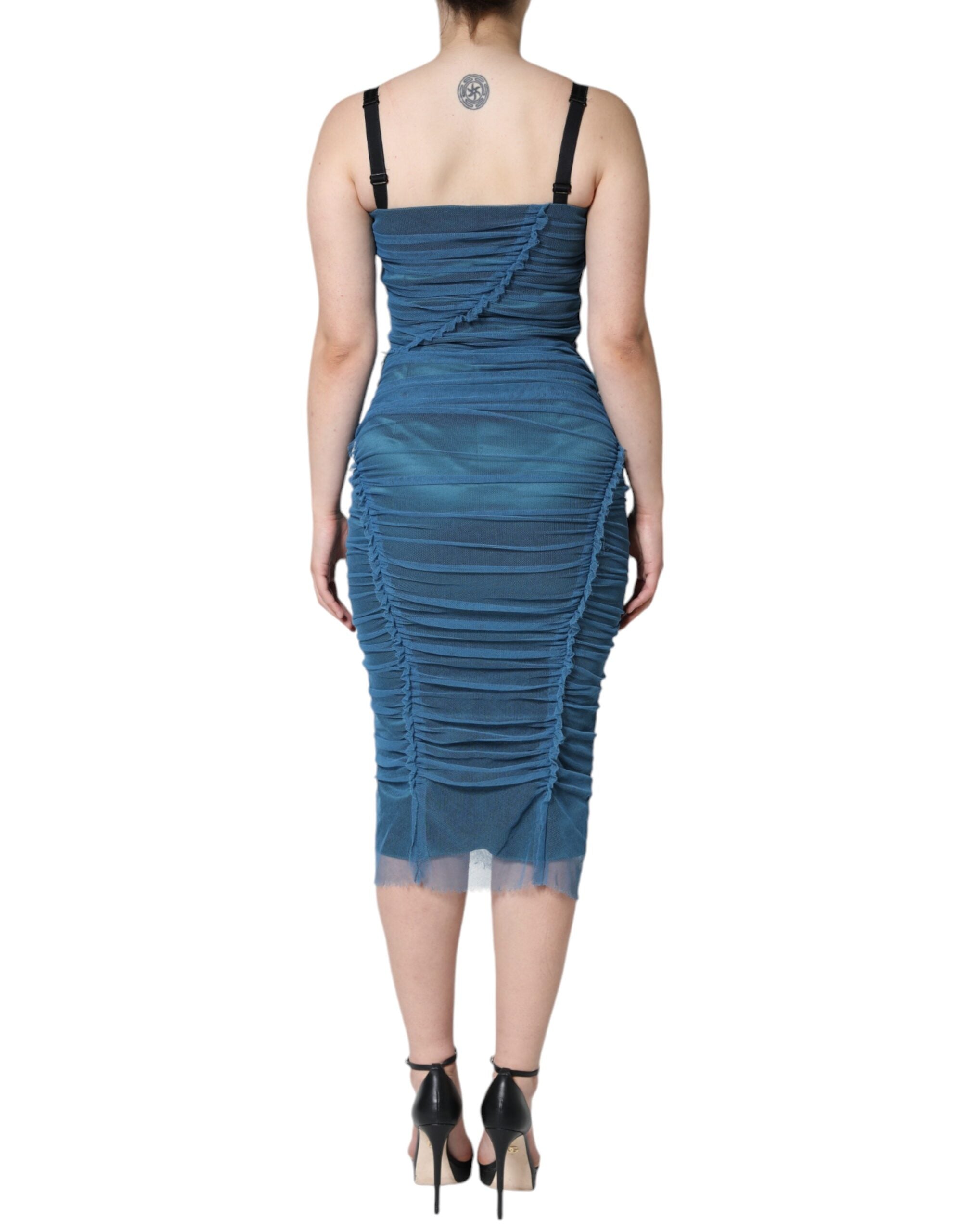 Dolce & Gabbana Blue Mesh Trim Ruched Tulle Sheath Women's Dress (Pre-Owned)