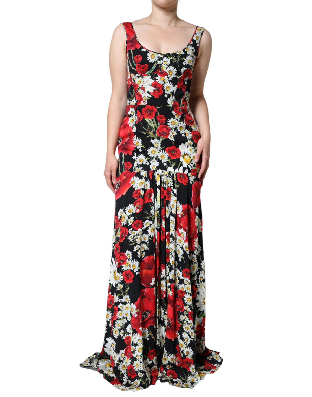Dolce & Gabbana Black Floral Silk Sleeveless Long Gown Women's Dress