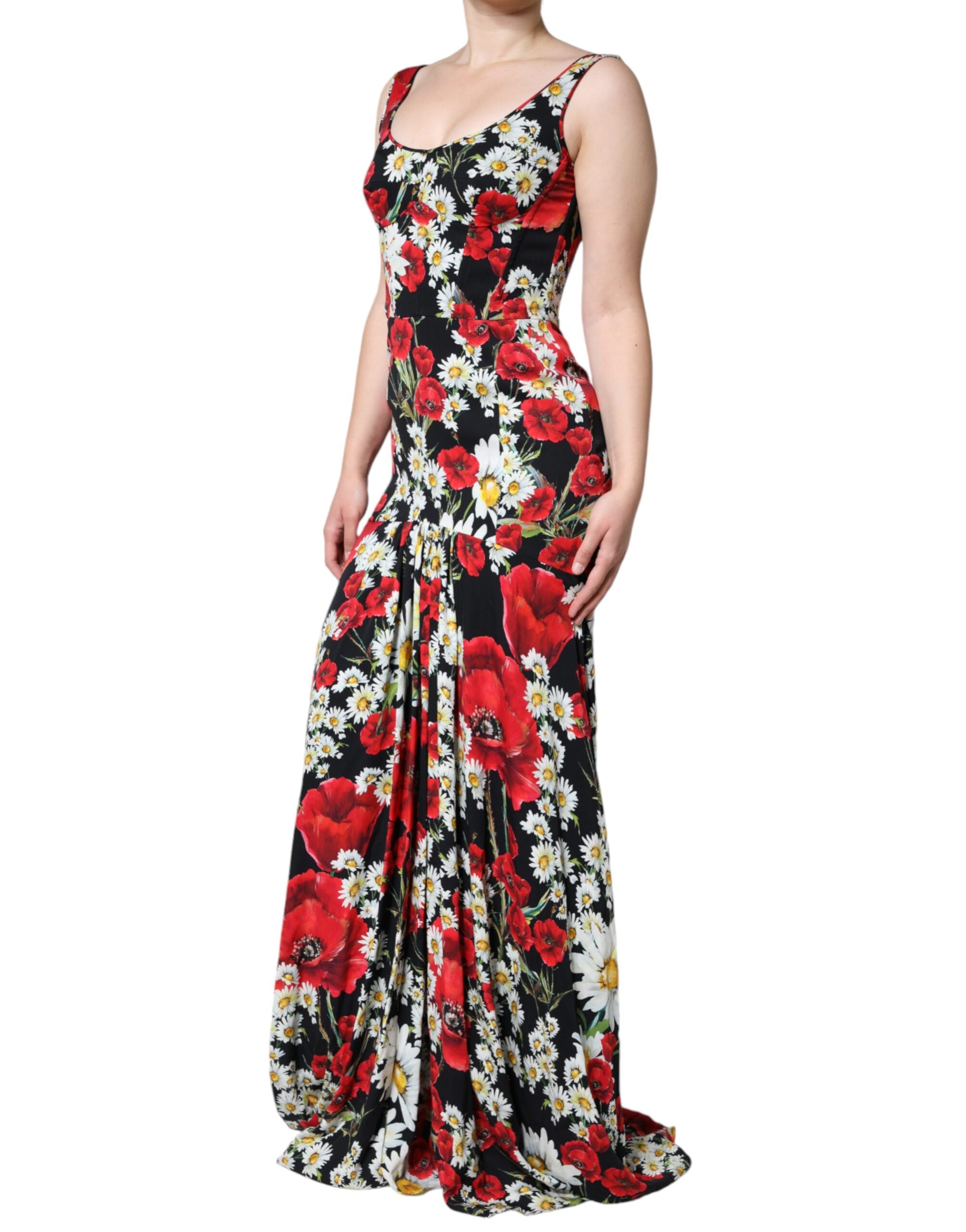Dolce & Gabbana Black Floral Silk Sleeveless Long Gown Women's Dress