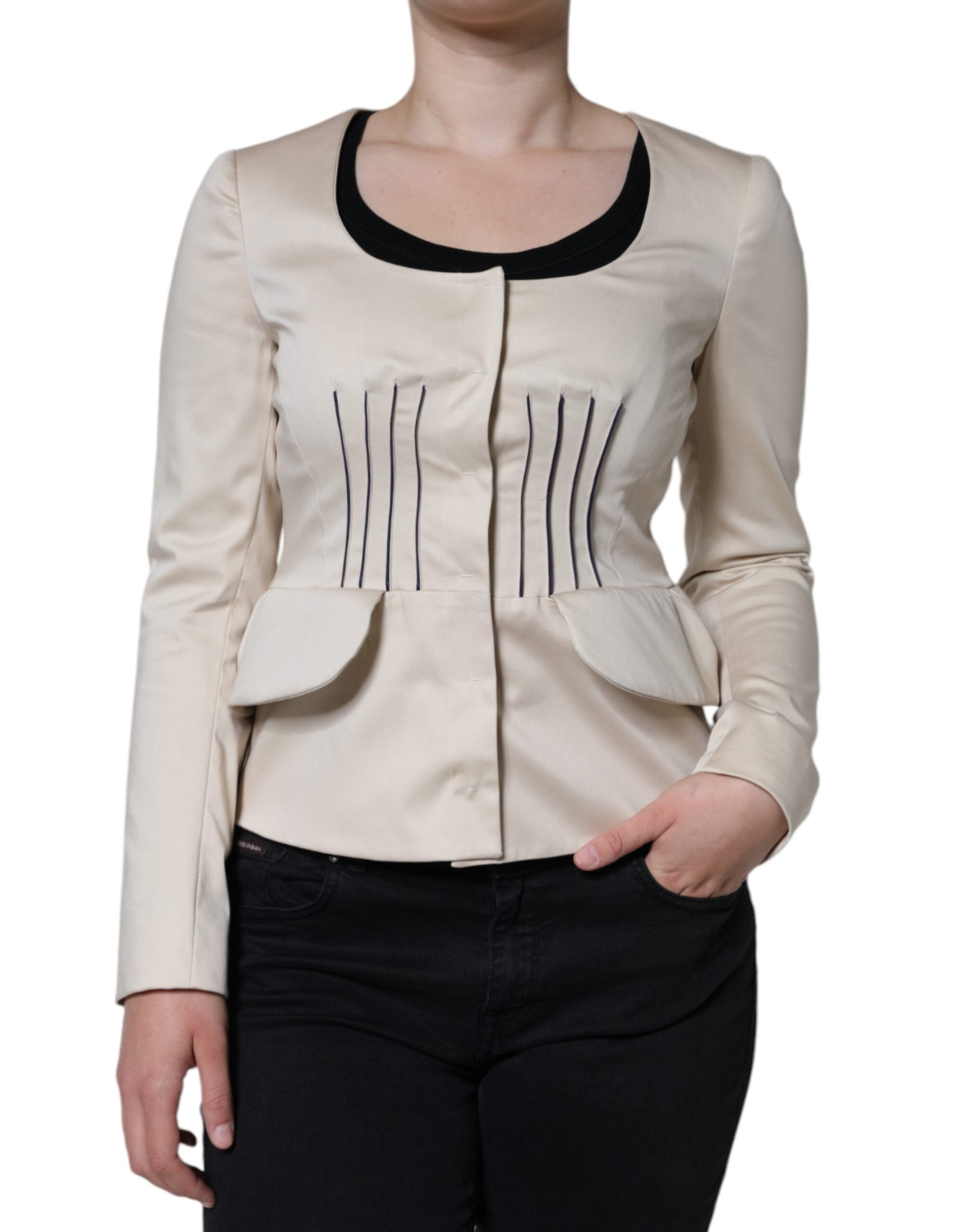 Valentino Beige Cotton Long Sleeves Round Neck Blazer Women's Jacket (Pre-Owned)