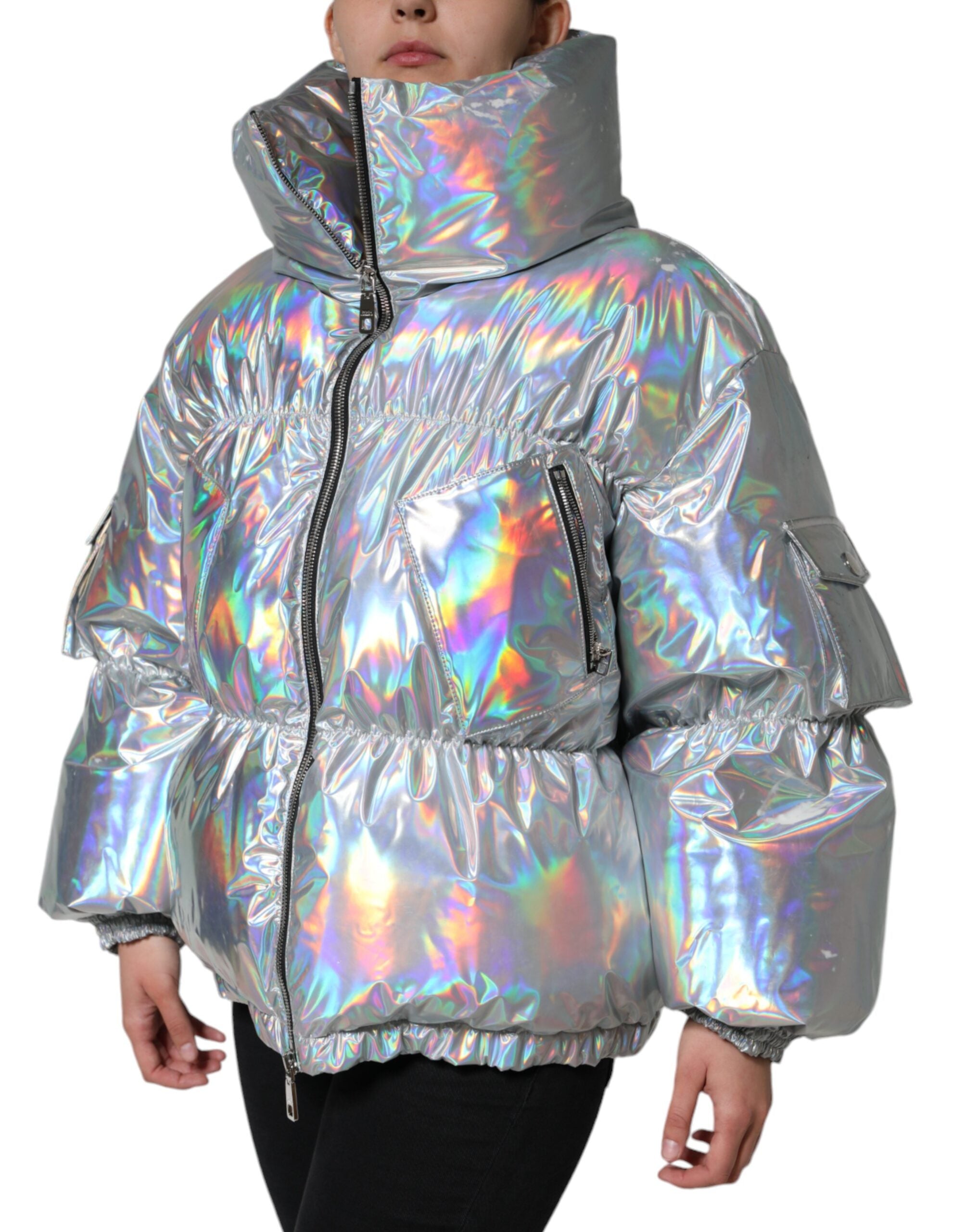 Dolce & Gabbana Silver Iridescent Puffer Full Zip Coat Women's Jacket (Pre-Owned)