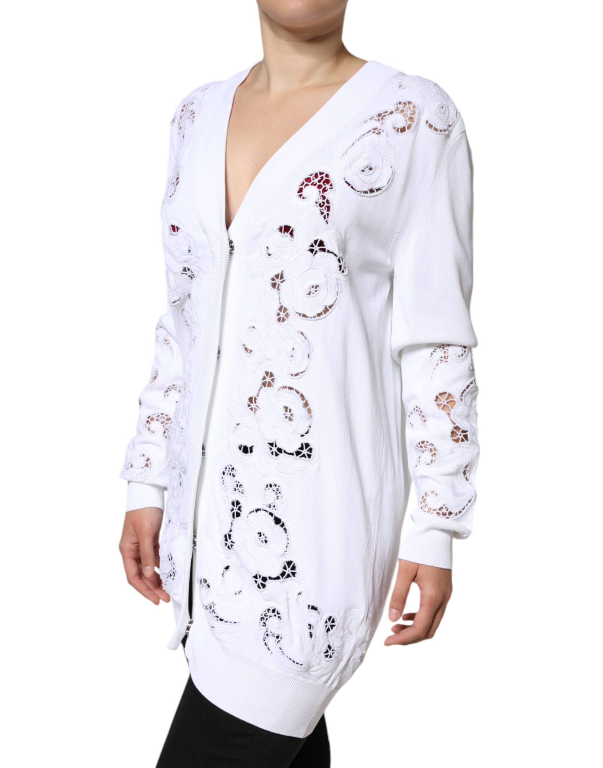 Dolce & Gabbana White Viscose Floral Cut Out Cardigan Women's Sweater (Pre-Owned)