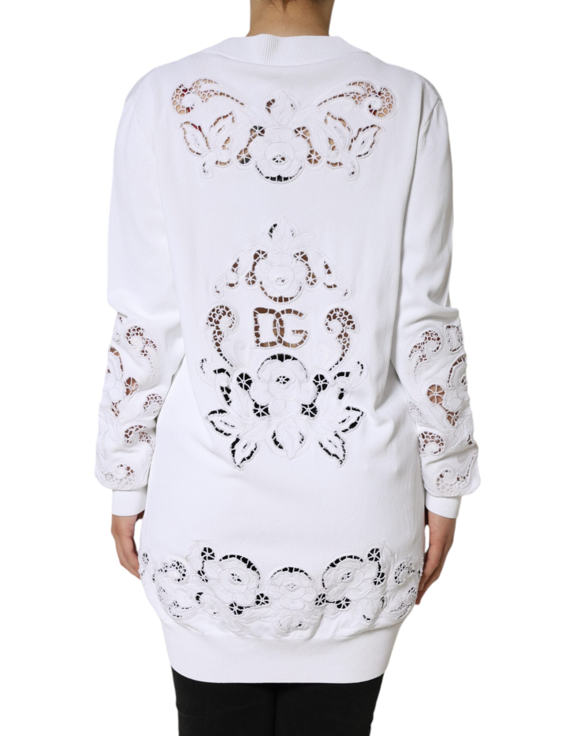 Dolce & Gabbana White Viscose Floral Cut Out Cardigan Women's Sweater (Pre-Owned)