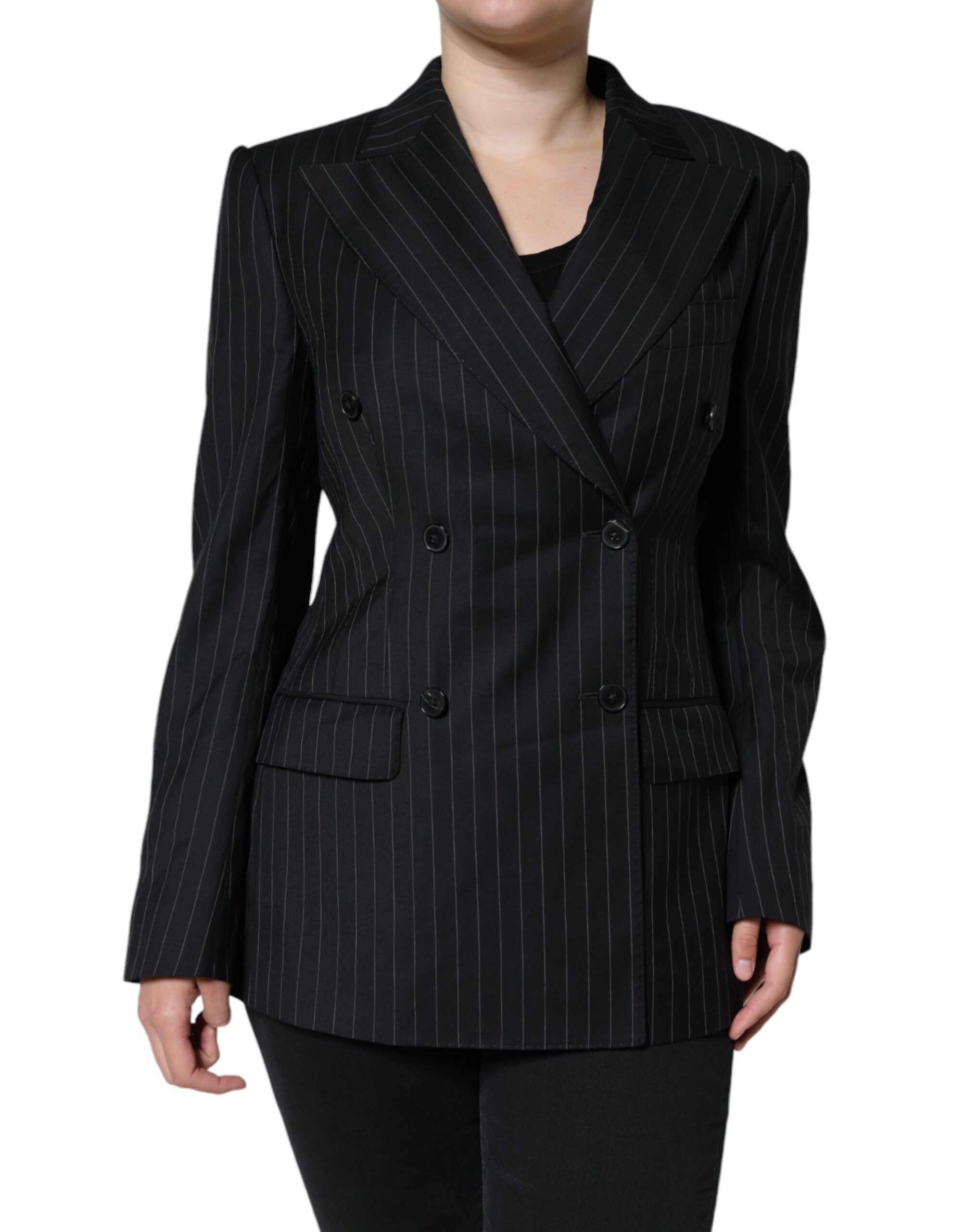 Dolce & Gabbana Dark Gray Striped Double Breasted Coat Women's Jacket
