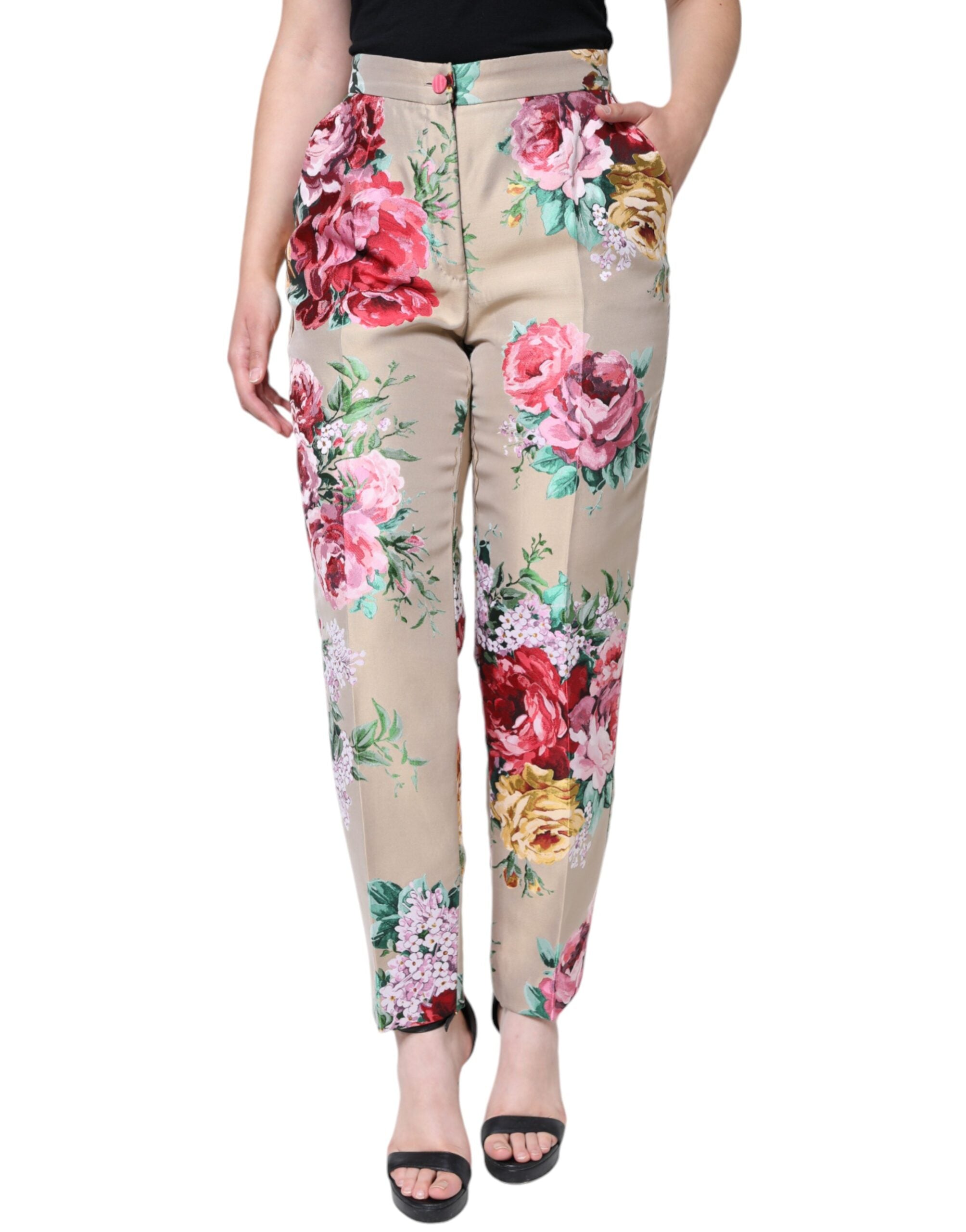 Dolce & Gabbana Beige Floral Jacquard High Waist Tapered Women's Pants