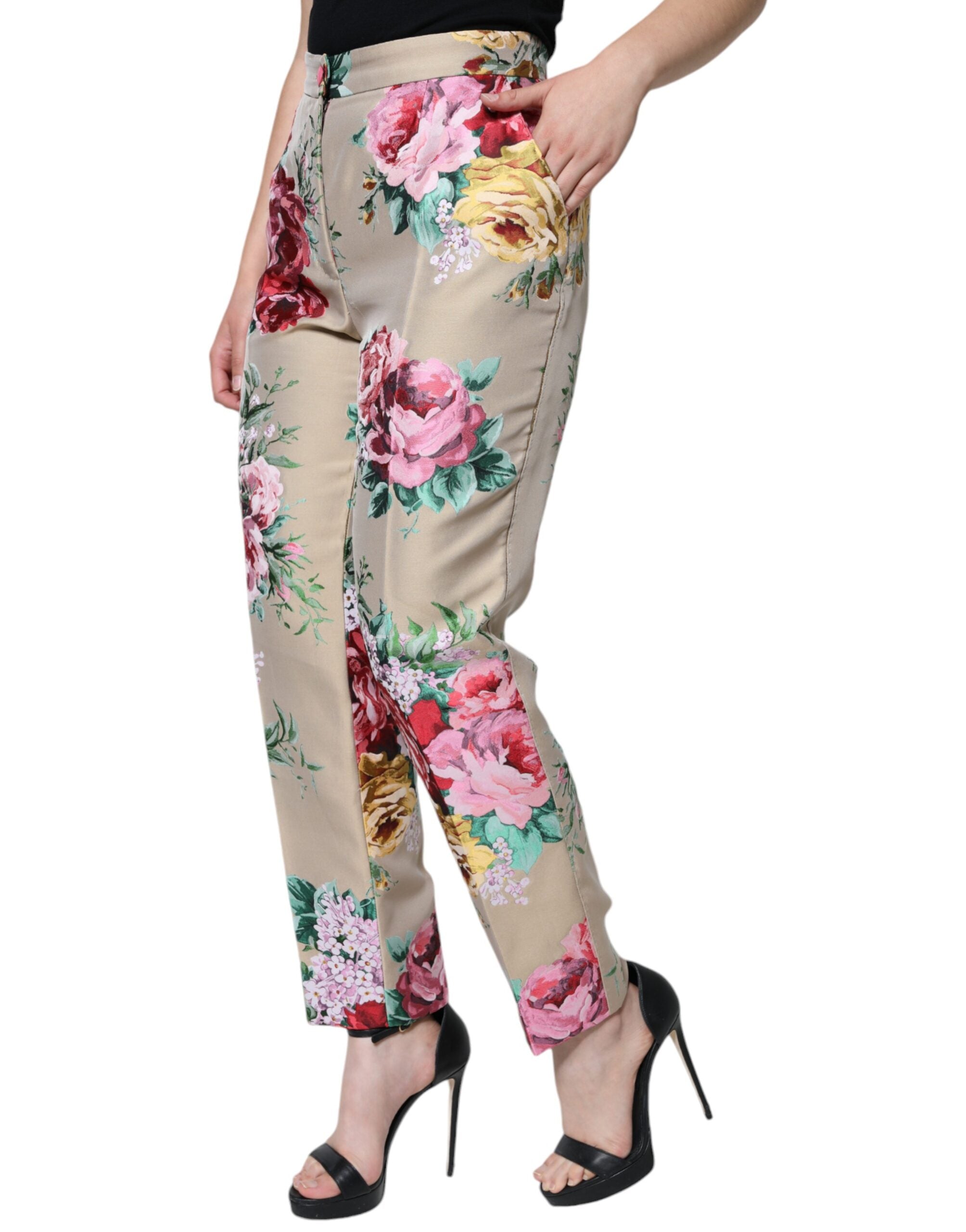 Dolce & Gabbana Beige Floral Jacquard High Waist Tapered Women's Pants