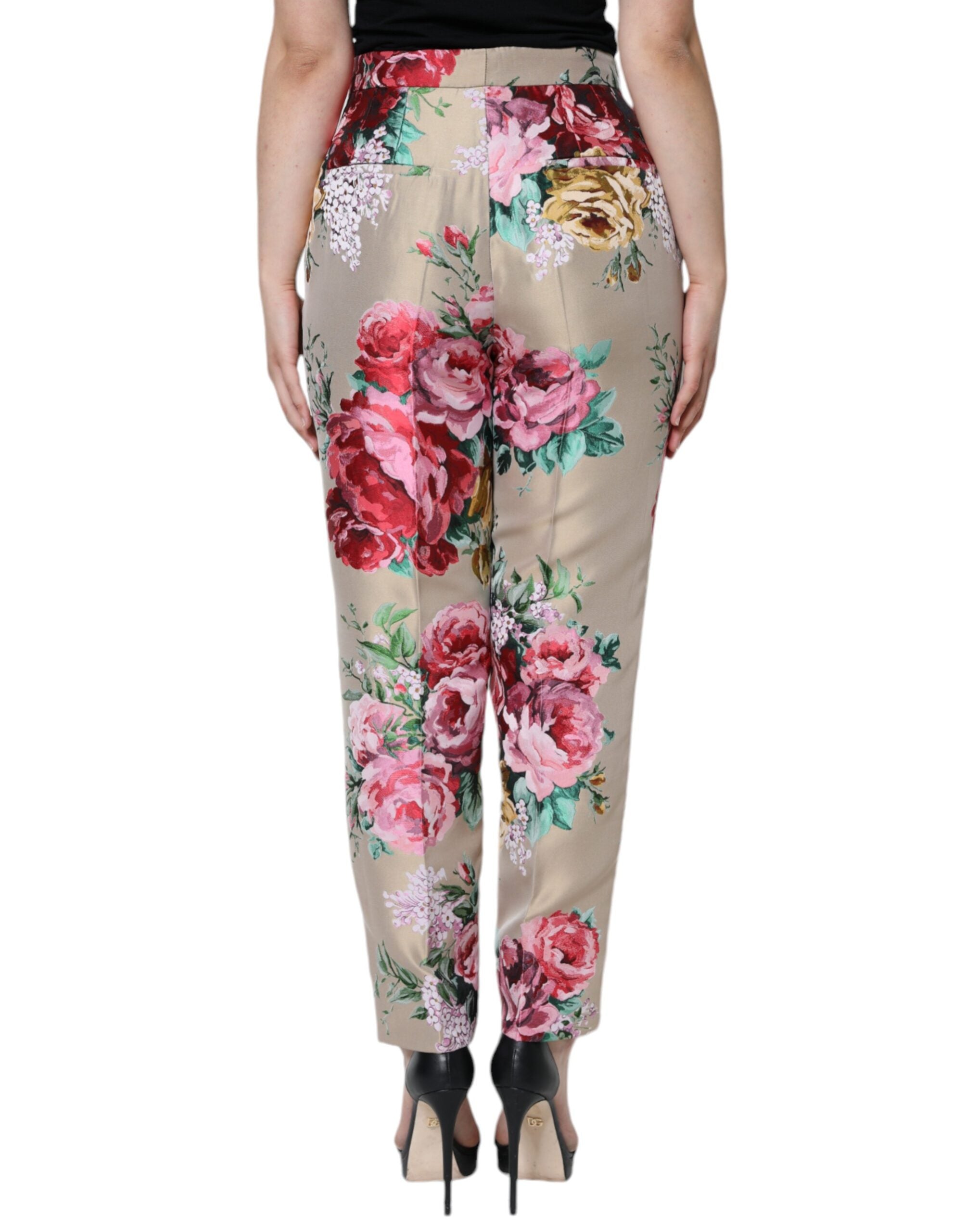 Dolce & Gabbana Beige Floral Jacquard High Waist Tapered Women's Pants