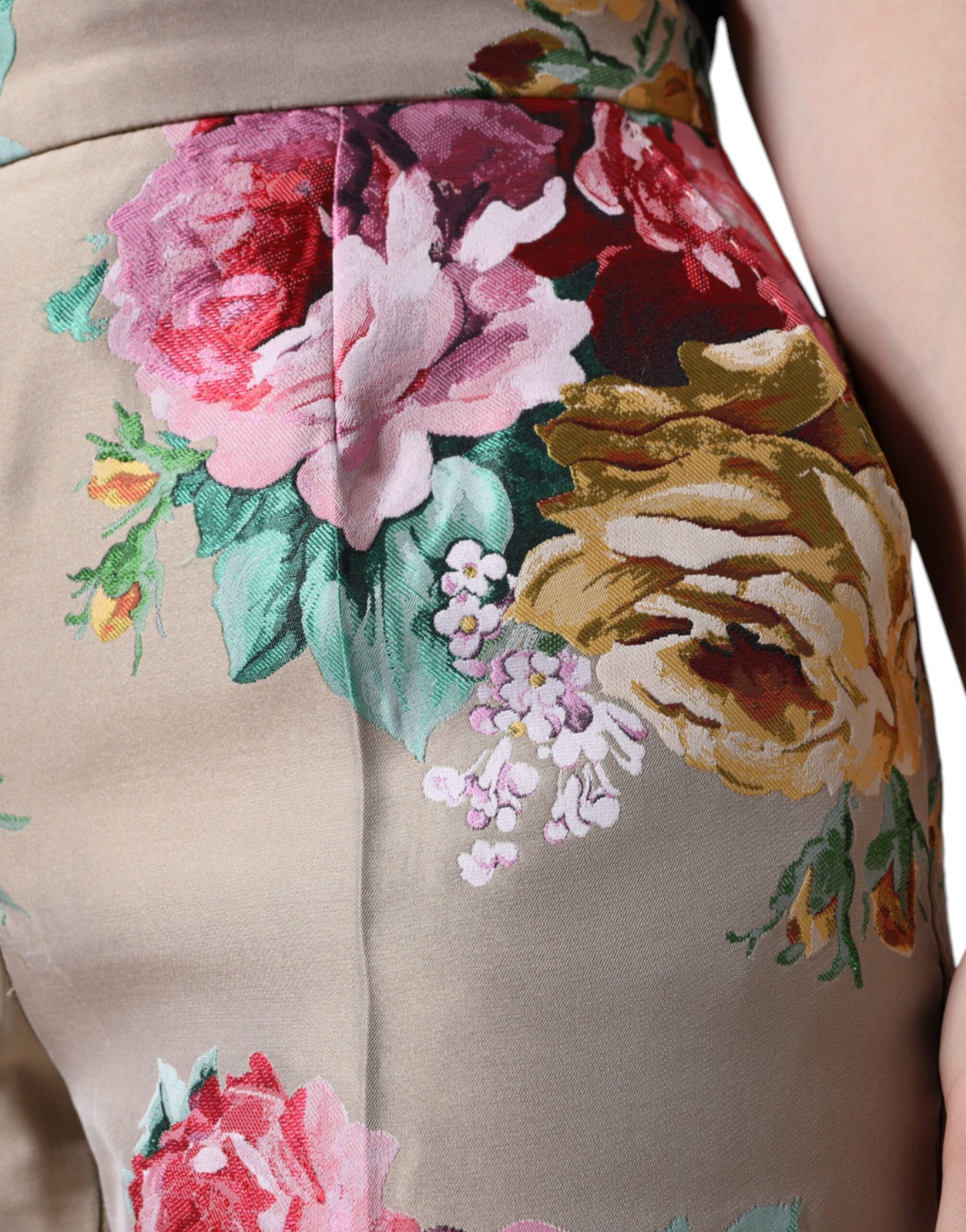 Dolce & Gabbana Beige Floral Jacquard High Waist Tapered Women's Pants