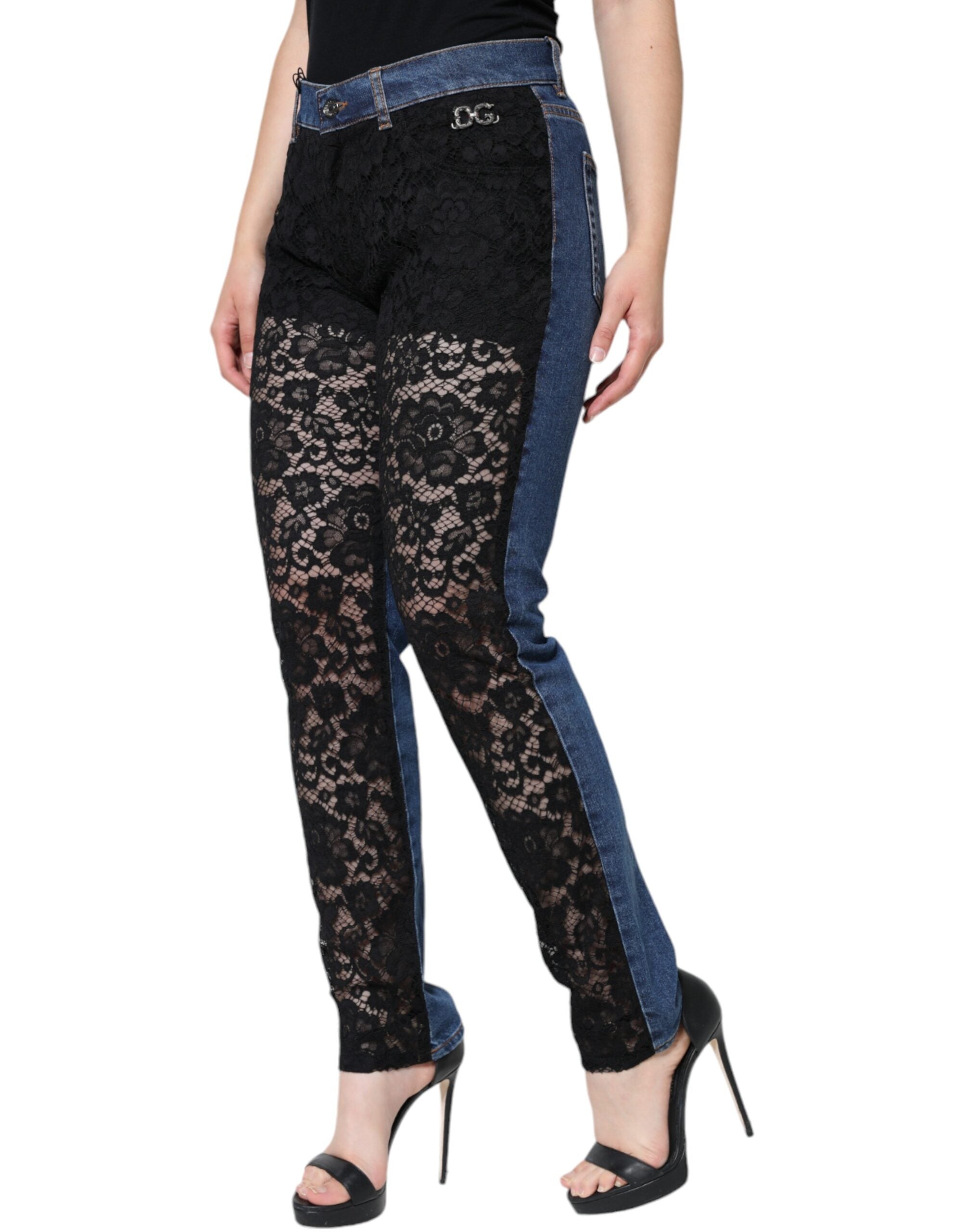 Dolce & Gabbana Black Floral Lace Front Skinny Denim Women's Jeans