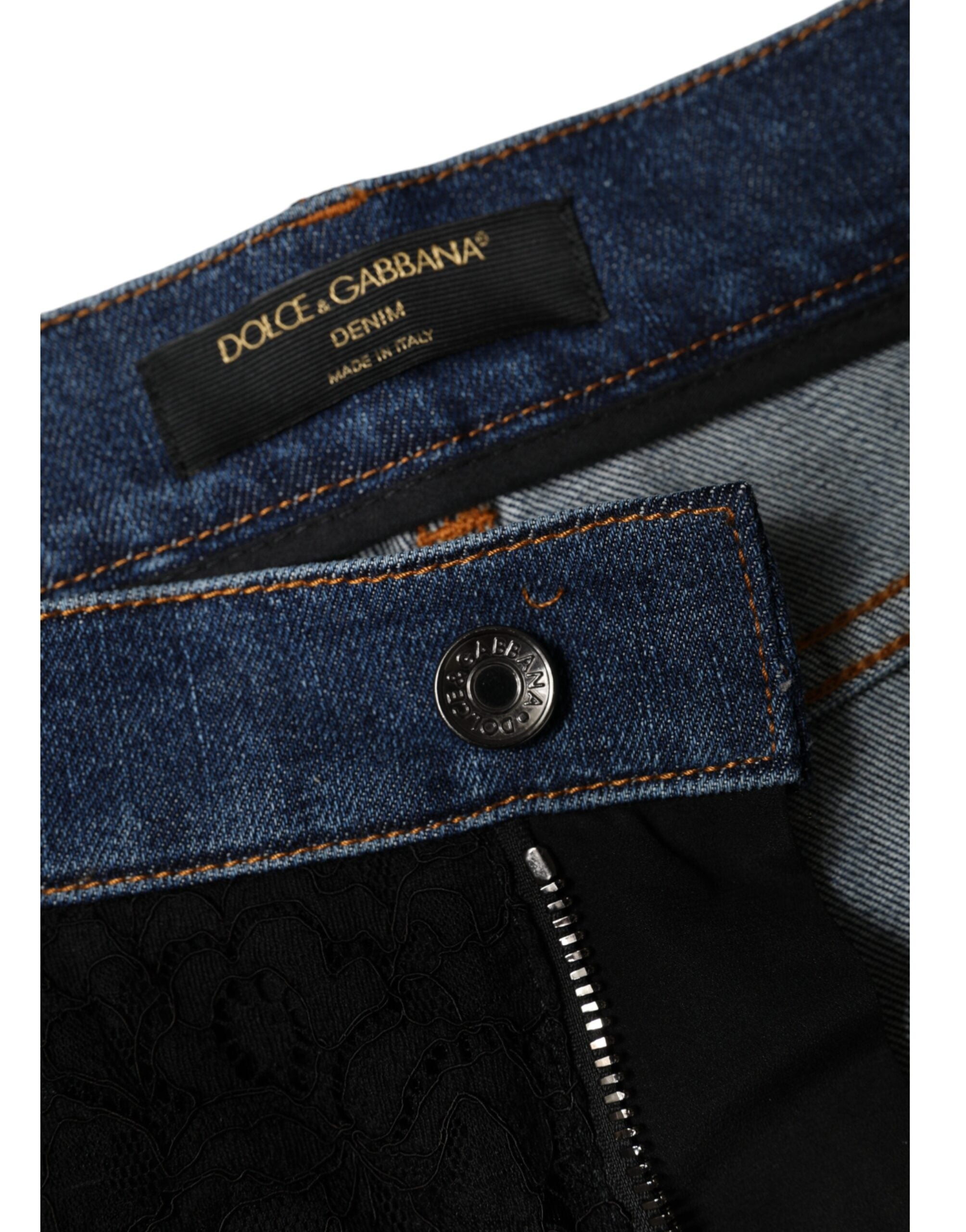 Dolce & Gabbana Black Floral Lace Front Skinny Denim Women's Jeans