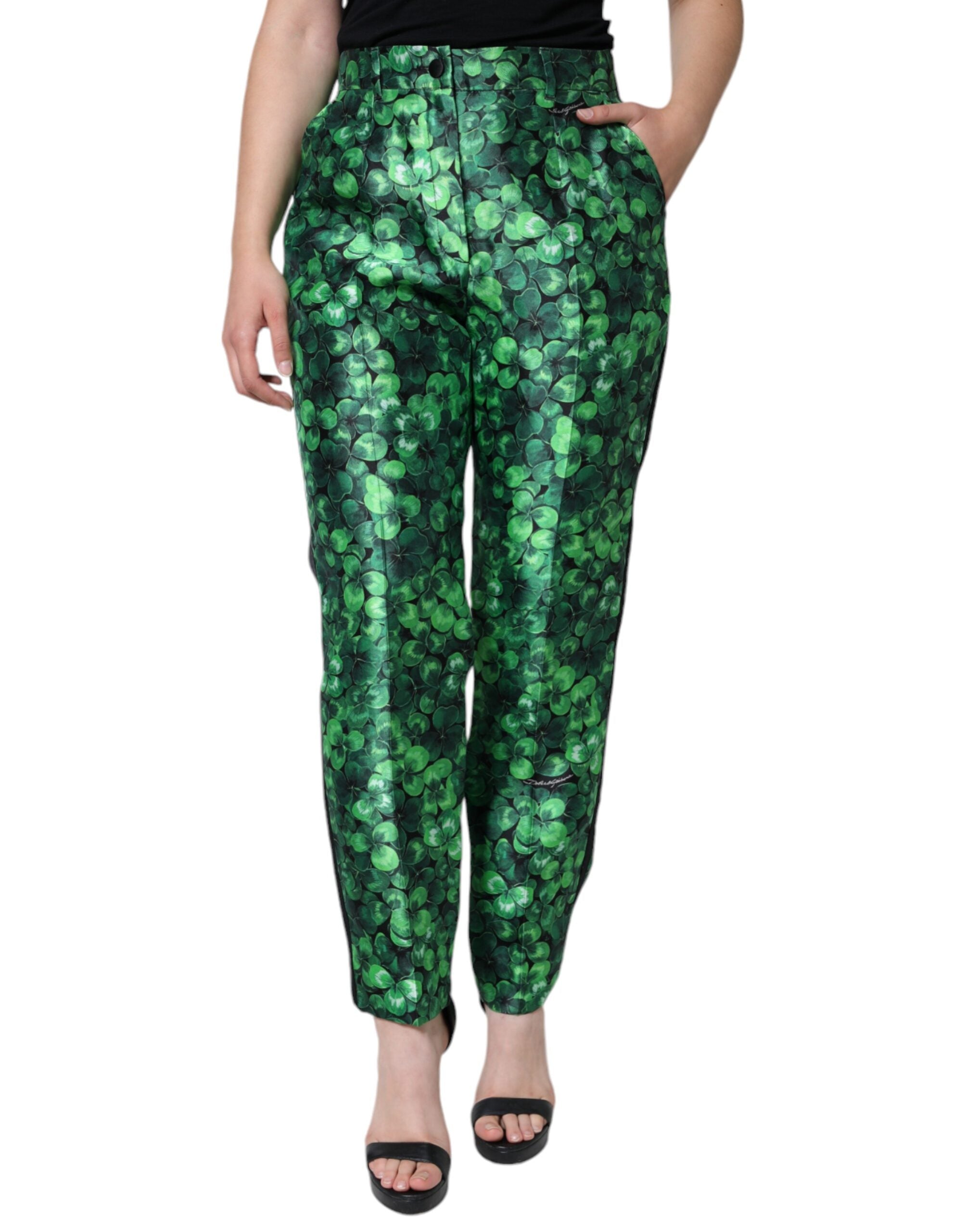 Dolce & Gabbana Green Clover Silk Satin High Waist Tapered Women's Pants