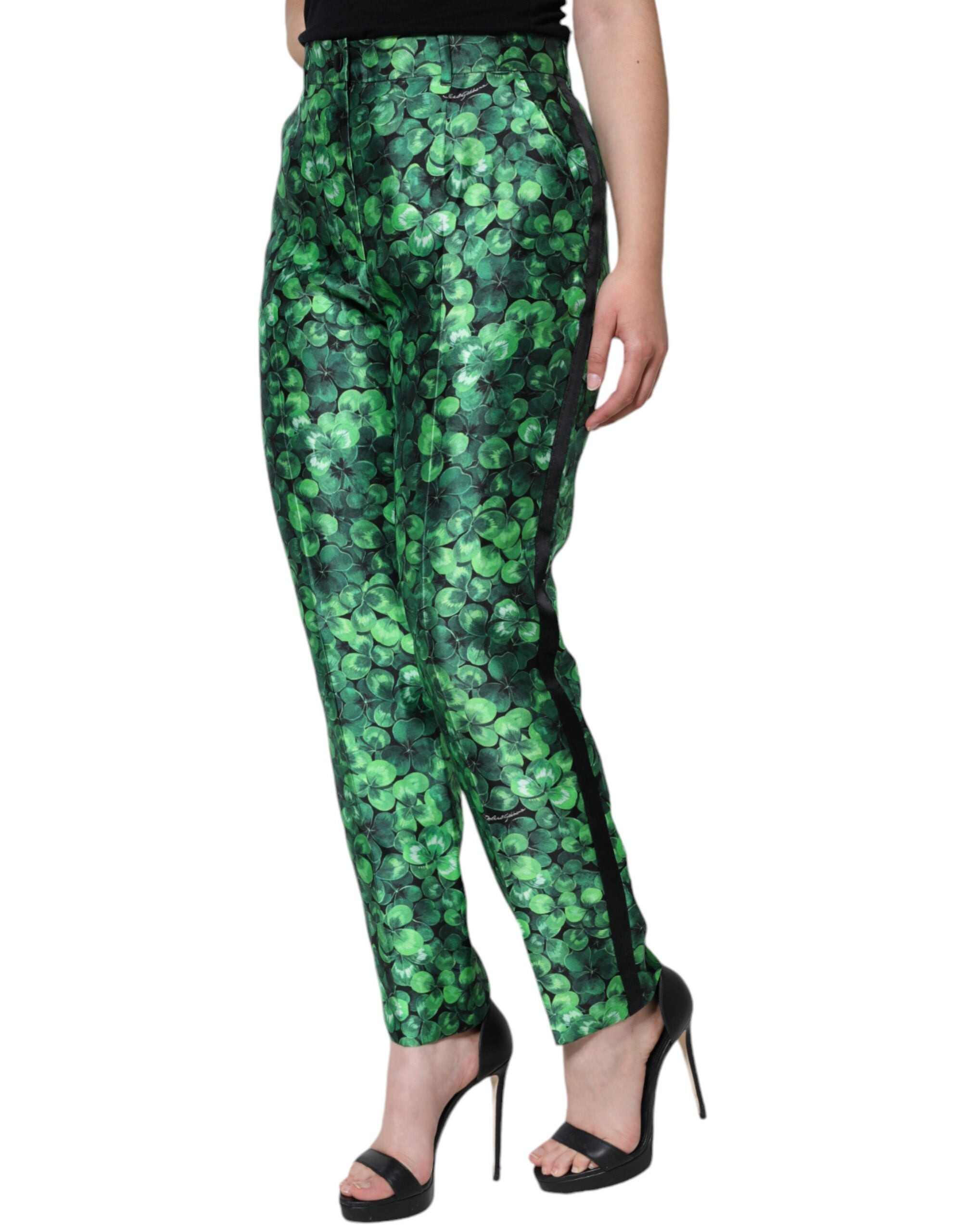Dolce & Gabbana Green Clover Silk Satin High Waist Tapered Women's Pants