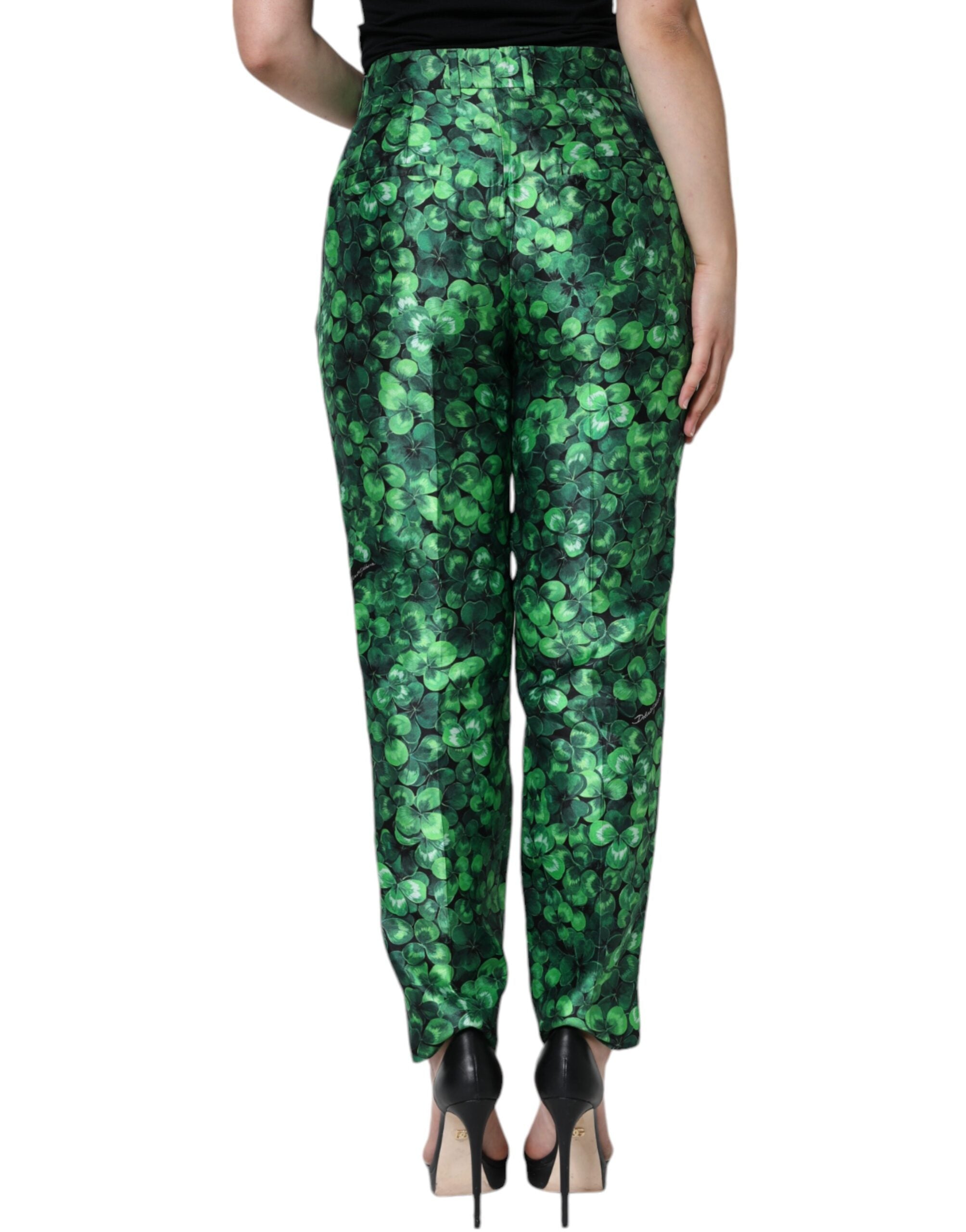 Dolce & Gabbana Green Clover Silk Satin High Waist Tapered Women's Pants