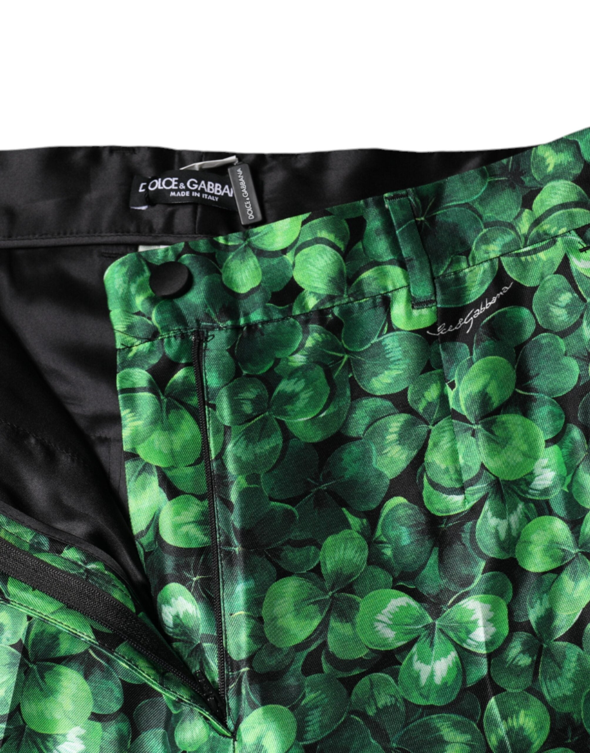 Dolce & Gabbana Green Clover Silk Satin High Waist Tapered Women's Pants