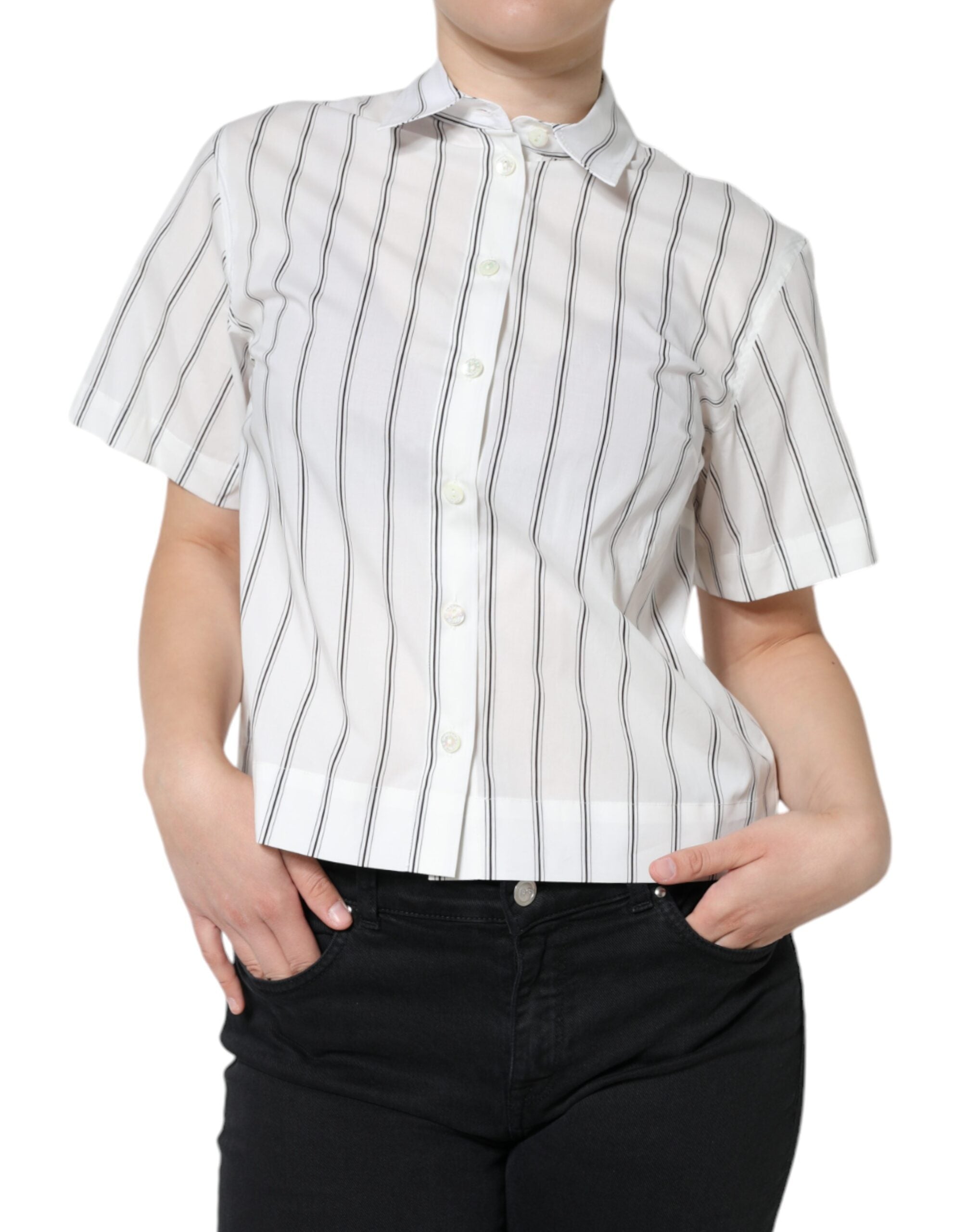 Dolce & Gabbana White Striped Collared Short Sleeve Polo Women's Top