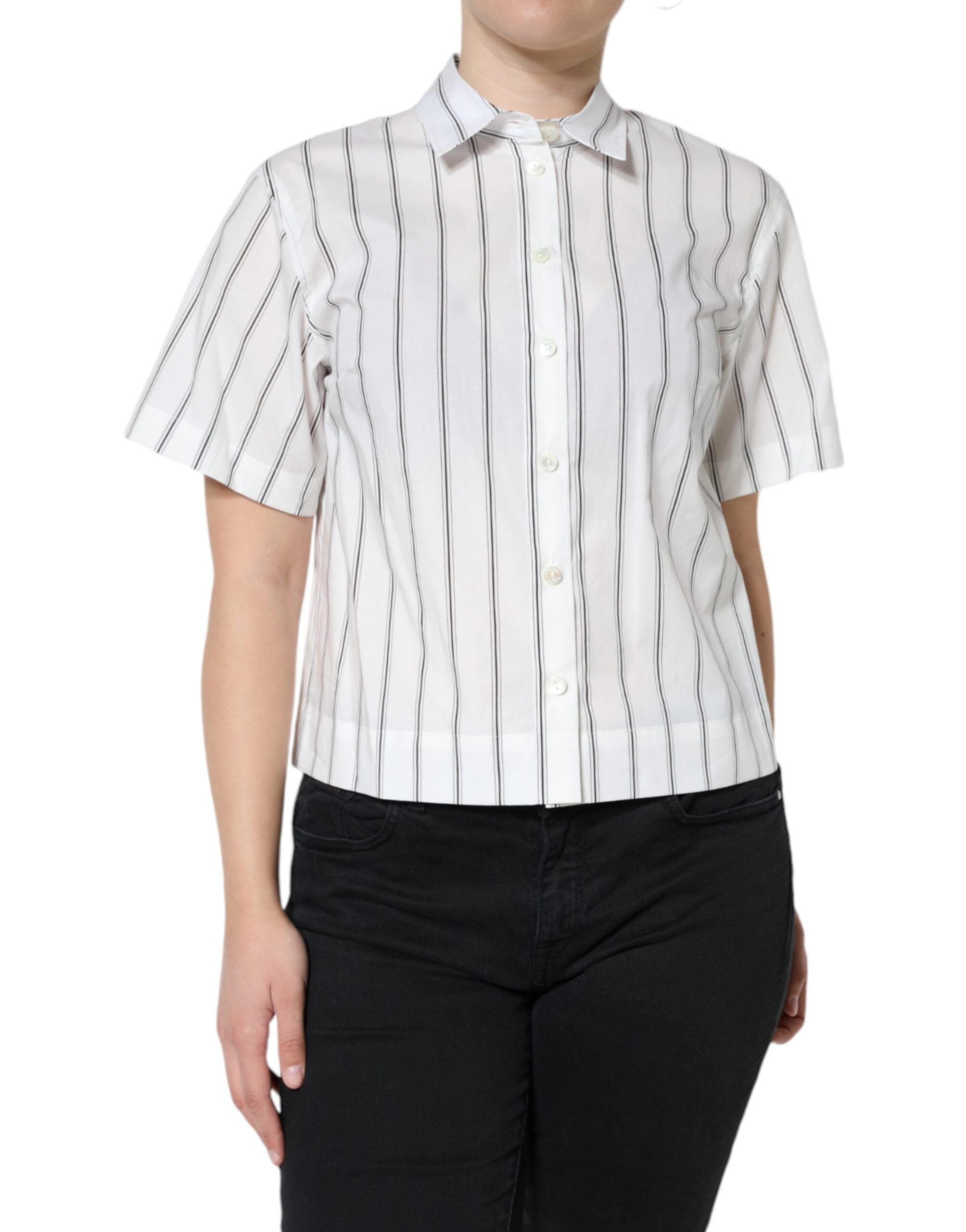 Dolce & Gabbana White Striped Collared Short Sleeve Polo Women's Top
