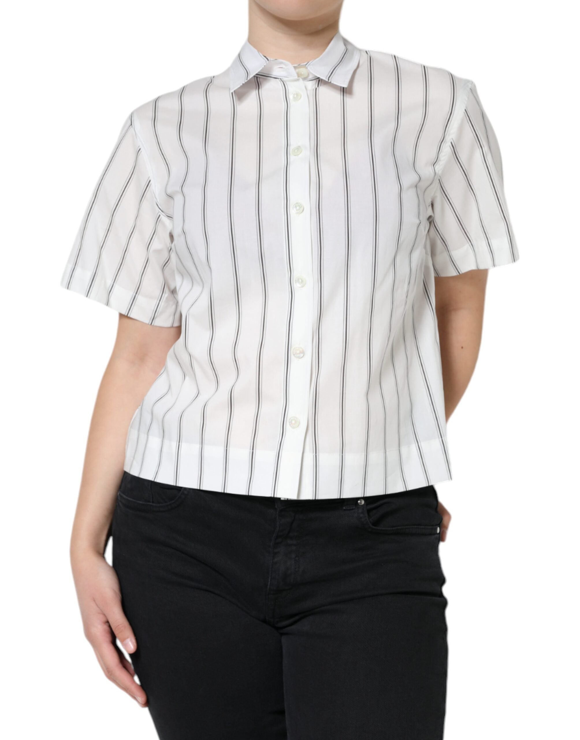 Dolce & Gabbana White Striped Collared Short Sleeve Polo Women's Top