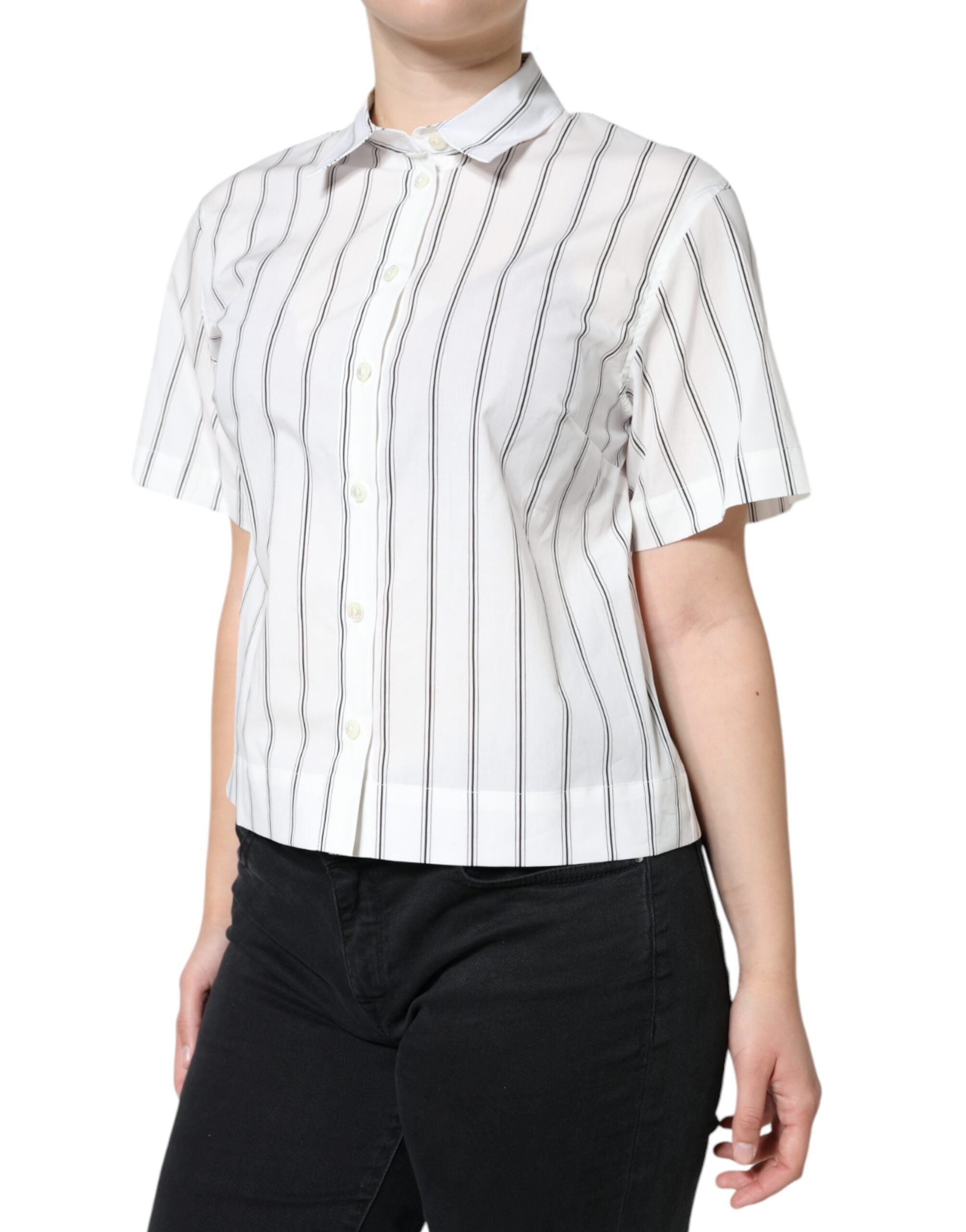 Dolce & Gabbana White Striped Collared Short Sleeve Polo Women's Top