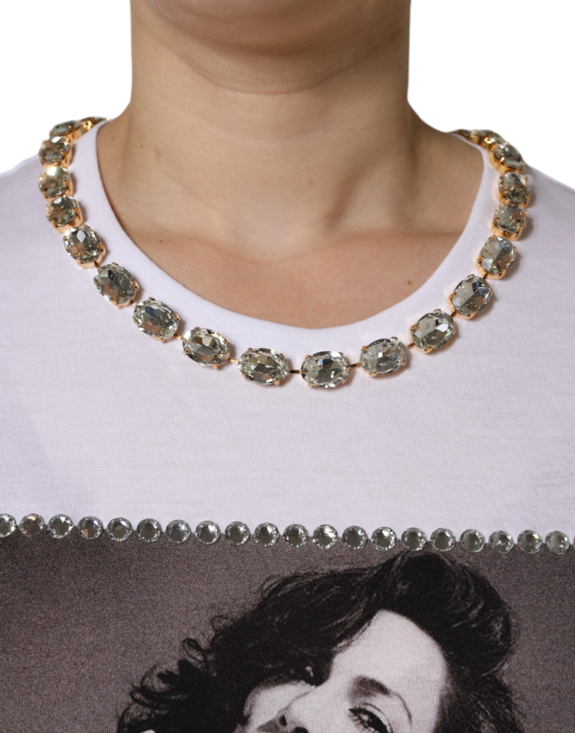 Dolce & Gabbana White Crystal Neckline Embellished Printed Women's T-shirt