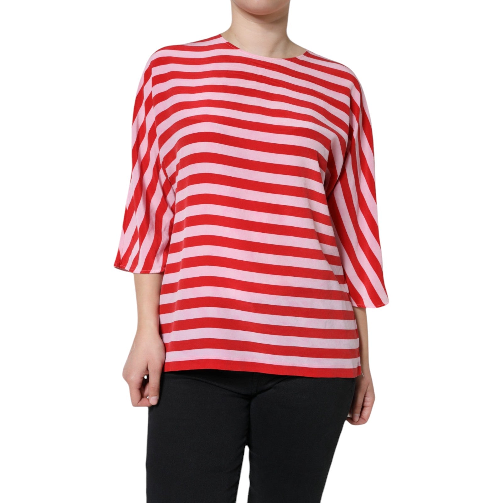 Dolce & Gabbana White Red Striped Silk Round Neck Women's T-shirt (Pre-Owned)